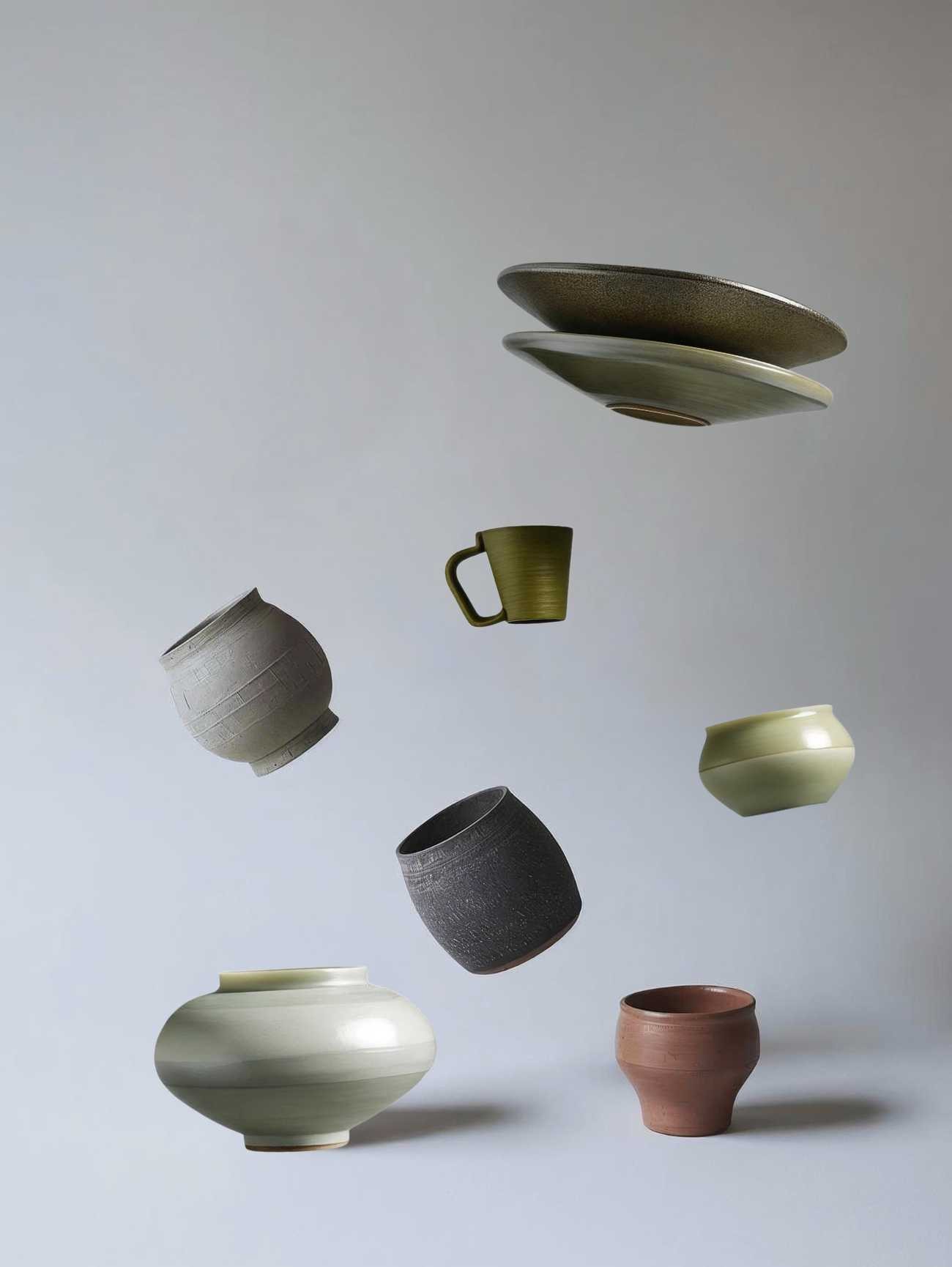 Floating ceramic vessels and tableware in soft neutral tones for a product-focused visual identity and content design project by Casa Clara Studios.