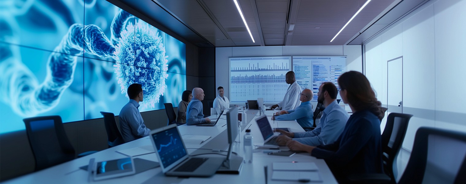 A pharmacovigilance team in a high-tech conference room analyzes medical data and virus images displayed on large screens.