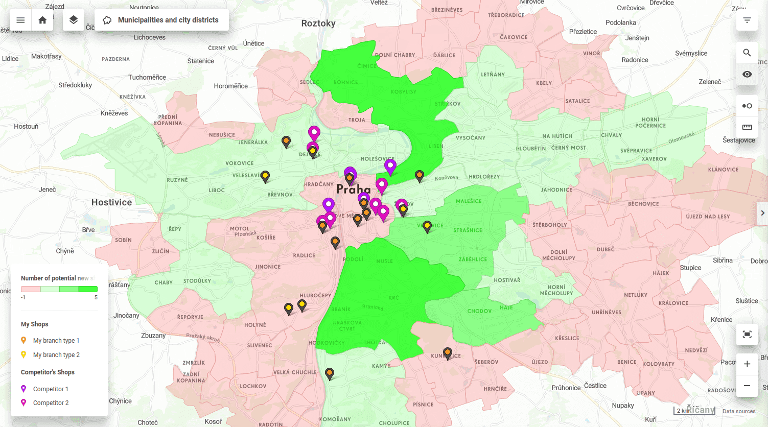 Fig. 5 City districts visualized by the number of potential new shops.