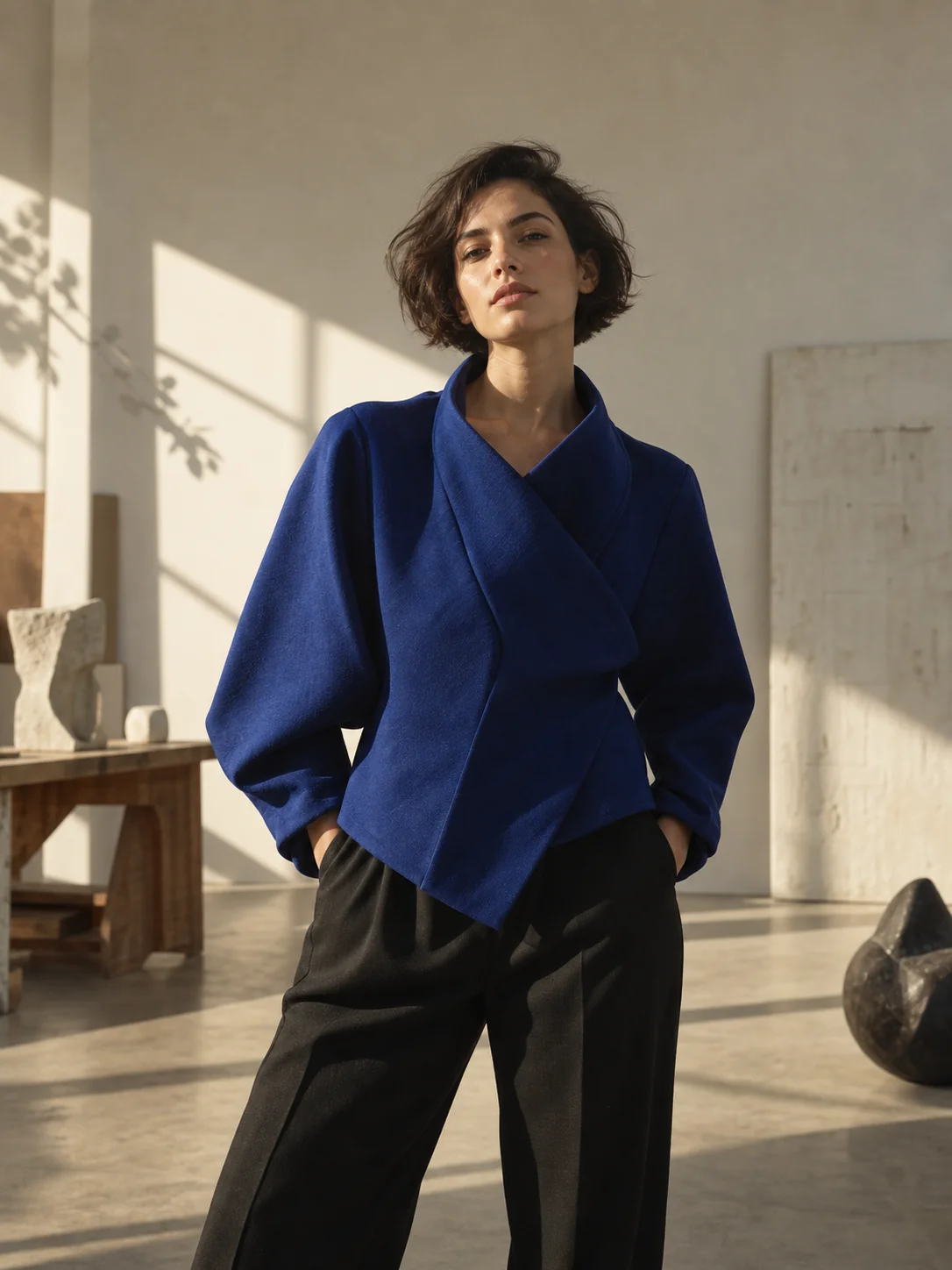 Editorial portrait in a cobalt jacket, created with AI