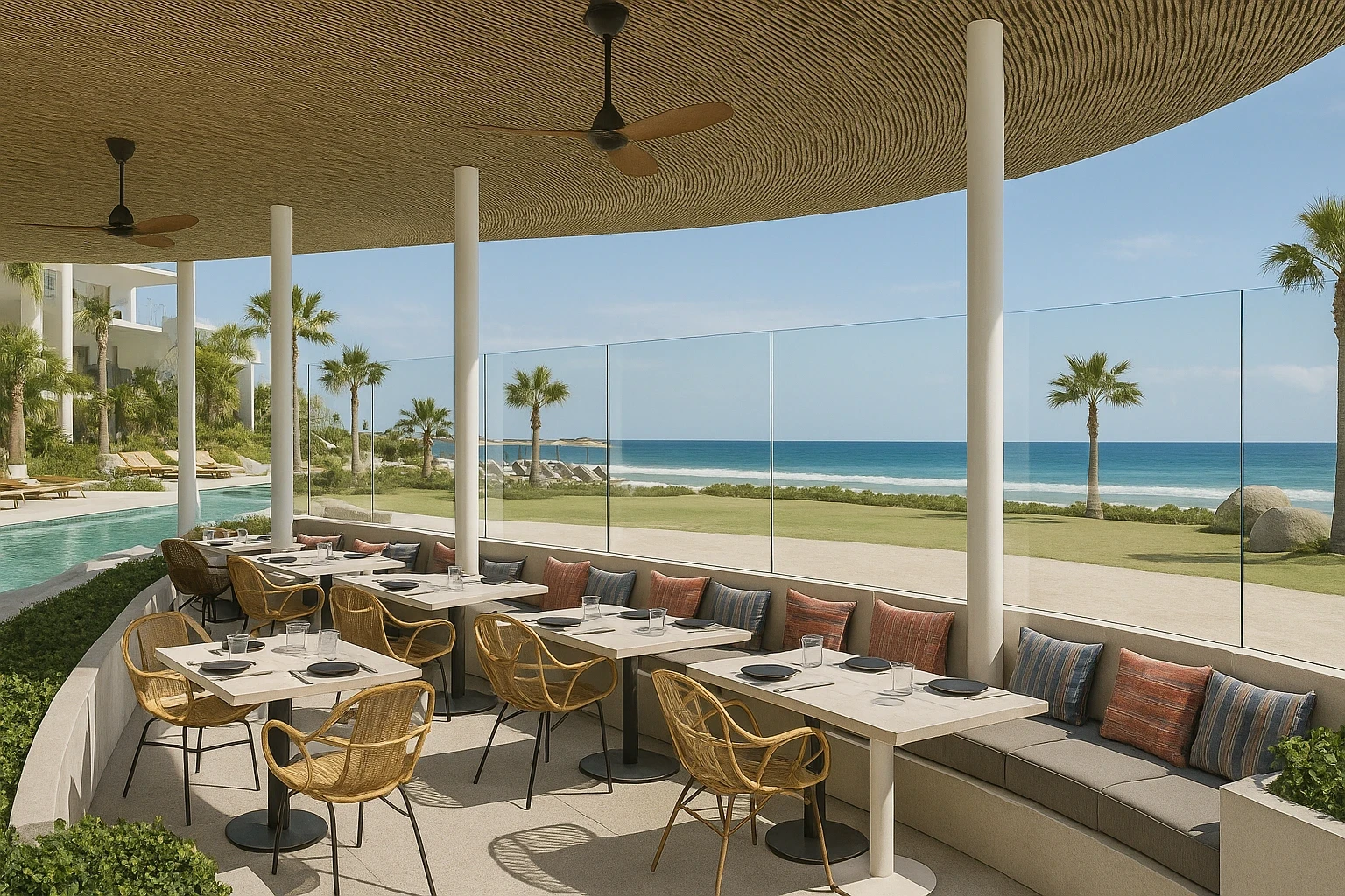 Ventanas de gran formato en Casa de Brasa, restaurante Four Seasons con cancelería premium frente al mar en Los Cabos