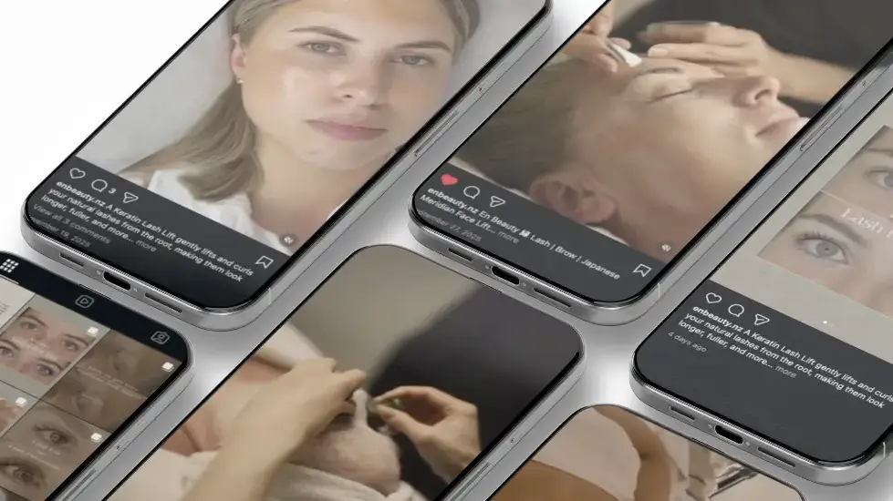 We see a grid of mobile phones showing many different en beauty social adverts