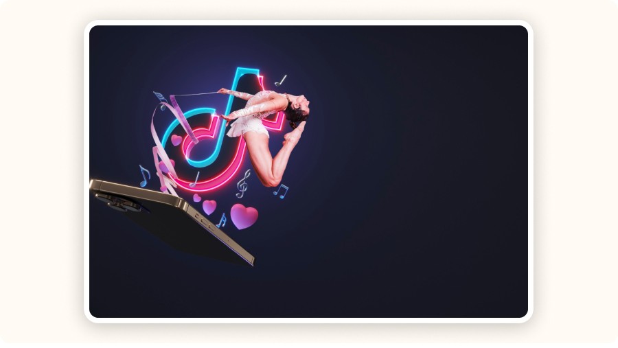 Gymnaste suspendue devant un logo TikTok lumineux sortant d’un smartphone