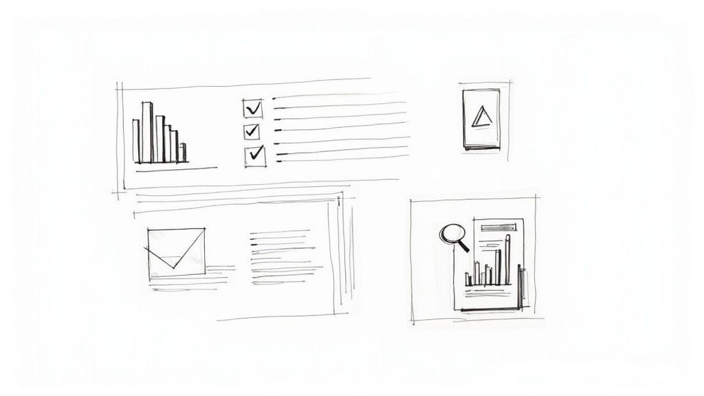 Hand-drawn UI sketch of a dashboard, showing charts, a checklist, alert, email, and search icons.