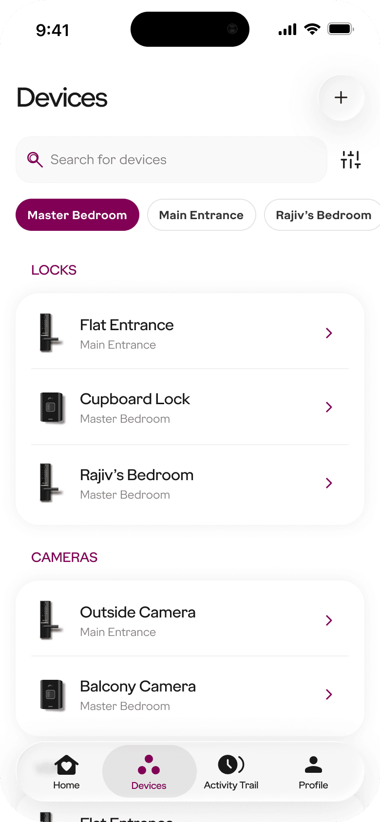 Godrej home exploration: Devices list grouped into locks and cameras with room filters