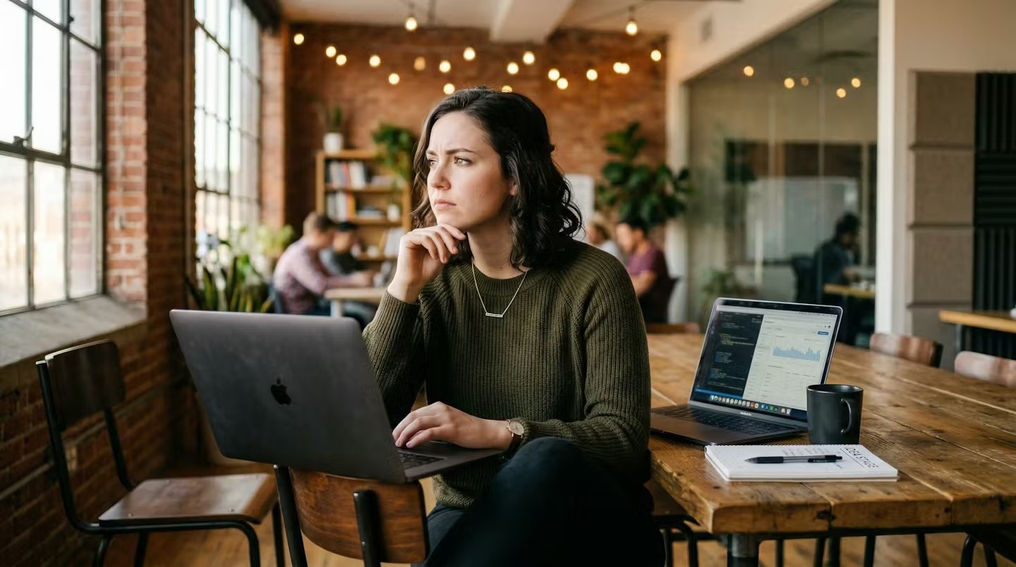 Two people focused on a computer screen in a warehouse.