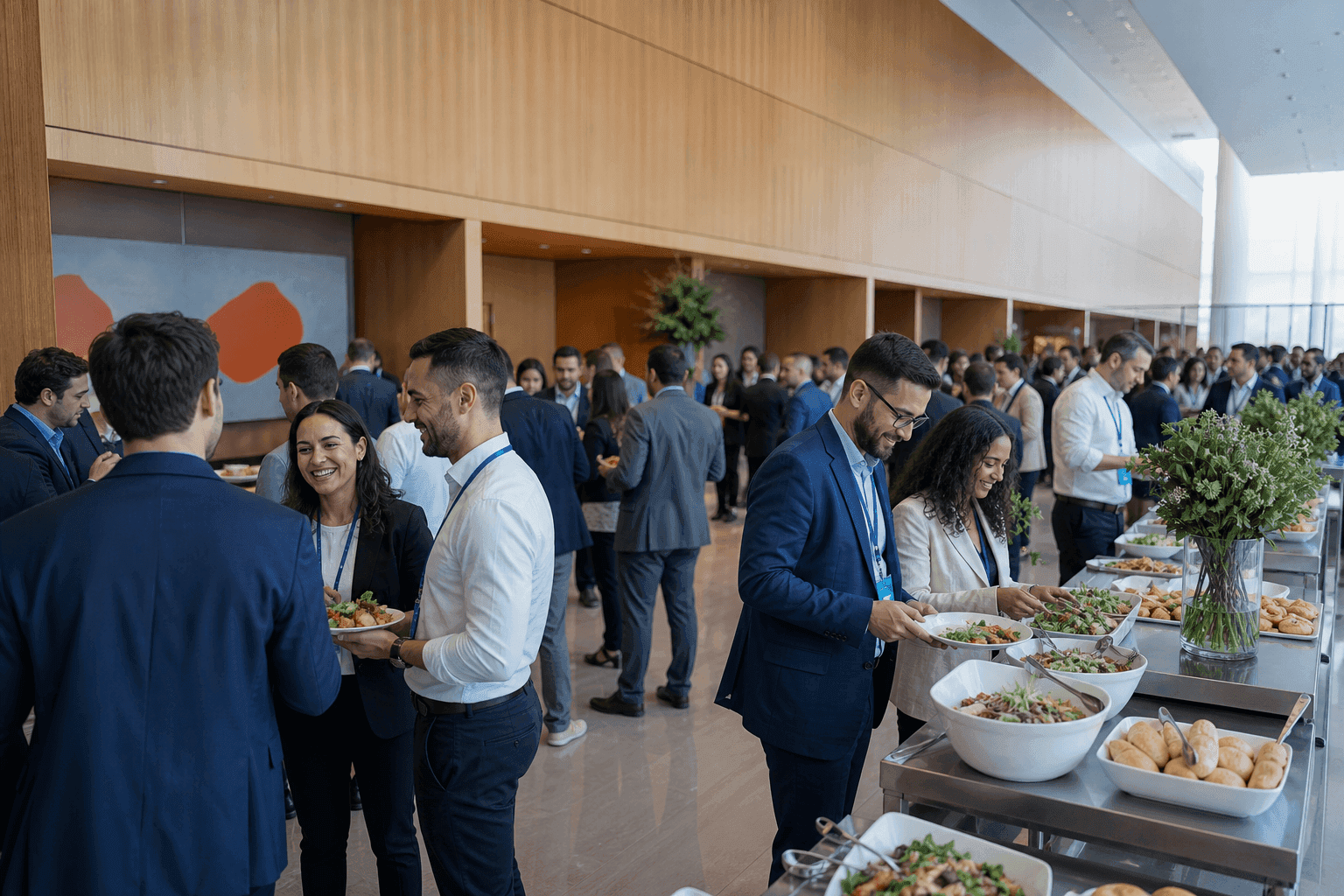Equipe comercial durante intervalo com buffet em convenção de vendas