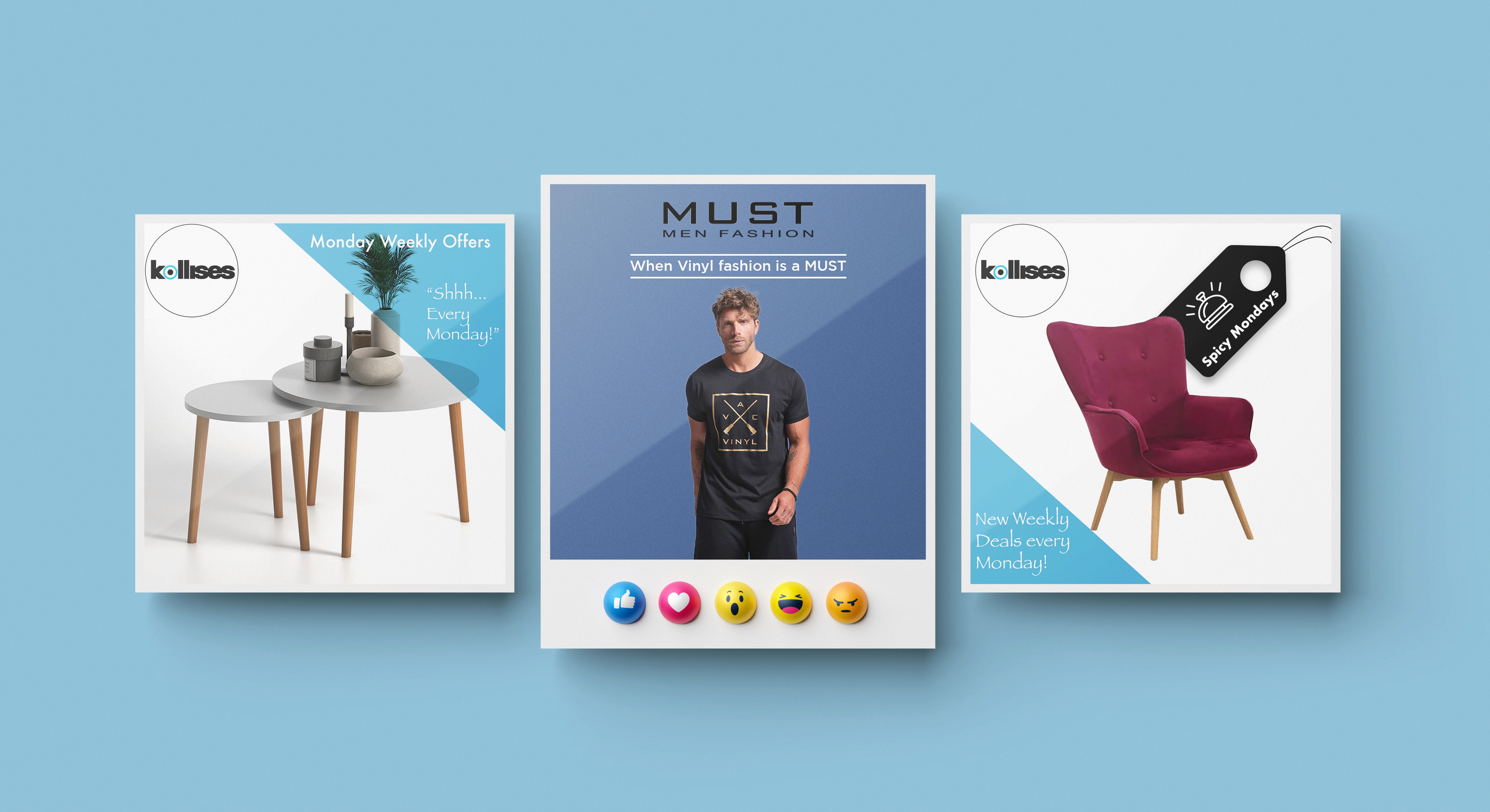 Social media post designs for Kollises furniture and MUST Men Fashion, each set against a solid blue background with a diagonal colour block