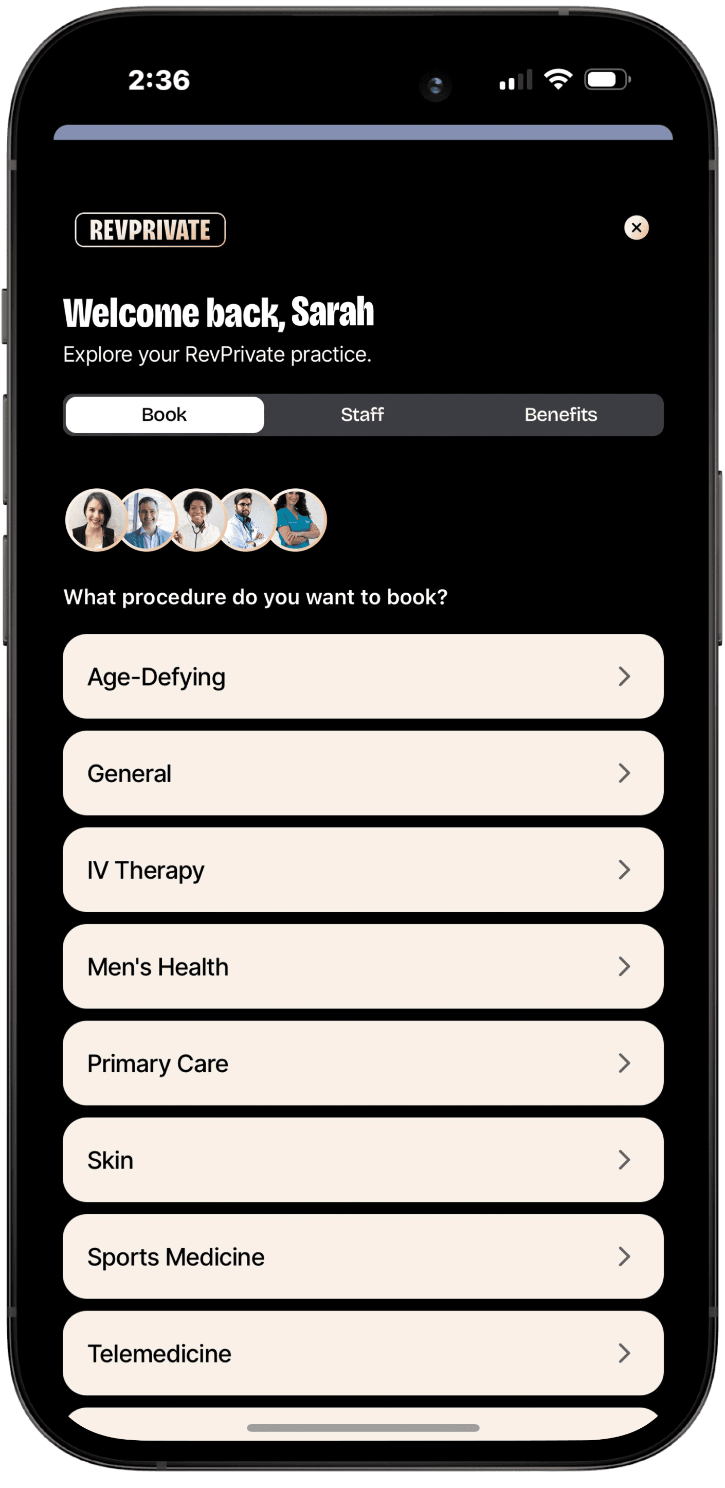 an iPhone ui of RevPrivate