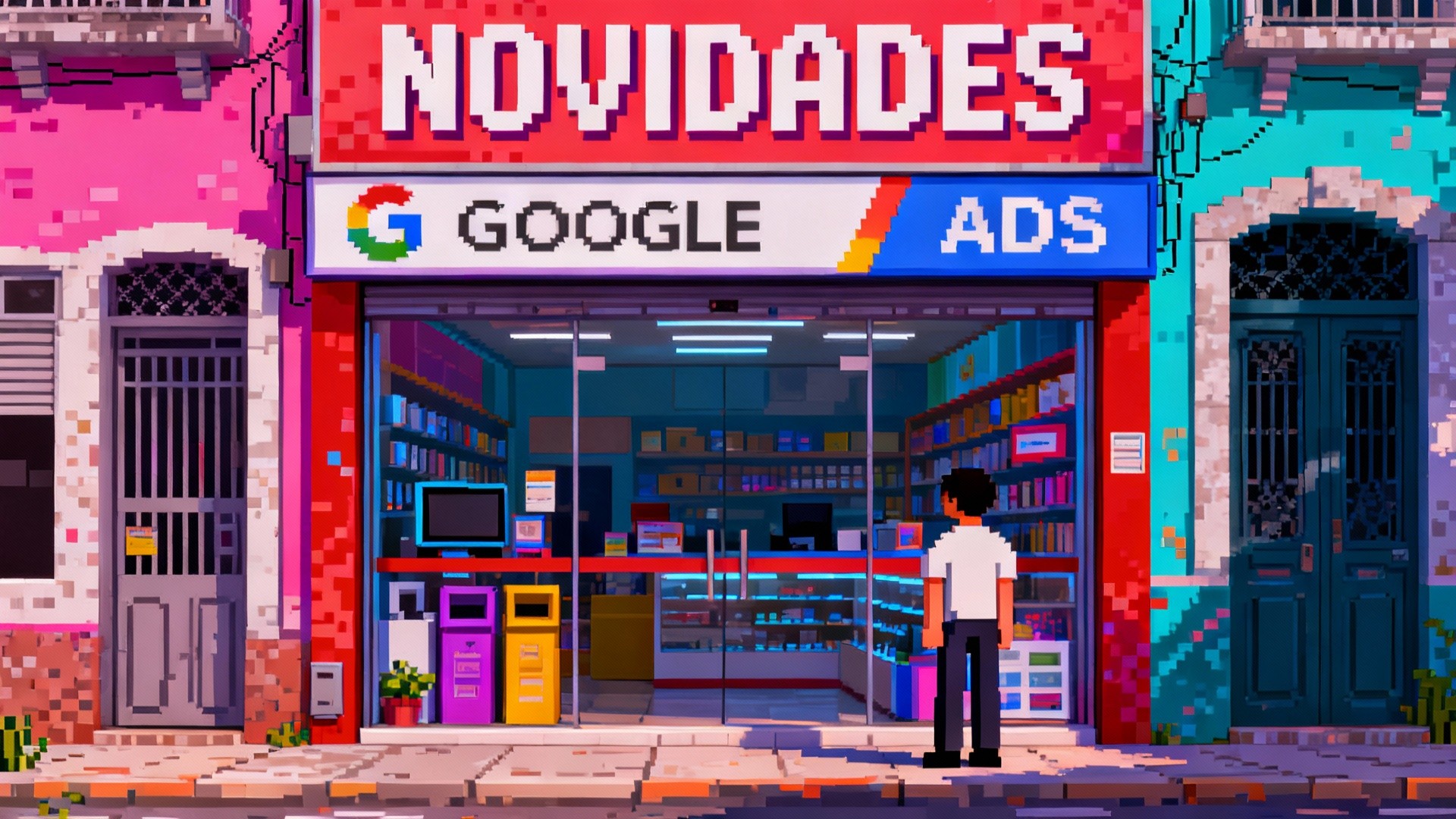 a surreal and vibrant cinematic photo of, Turn this photo into 8-bit retro video game style image. Maintain the exact text NOVIDADES and signage of the storefront, as well as GOOGLE ADS, and the positioning of the human shown in the original photo, surreal photography, photorealistic, film grain
