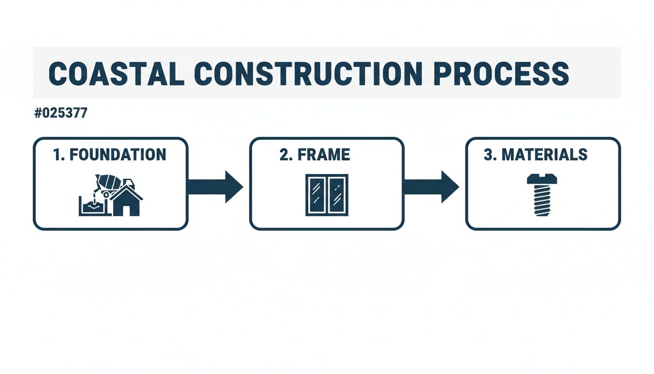 A diagram illustrates the three-step coastal construction process: foundation, frame, and materials, each with an icon.