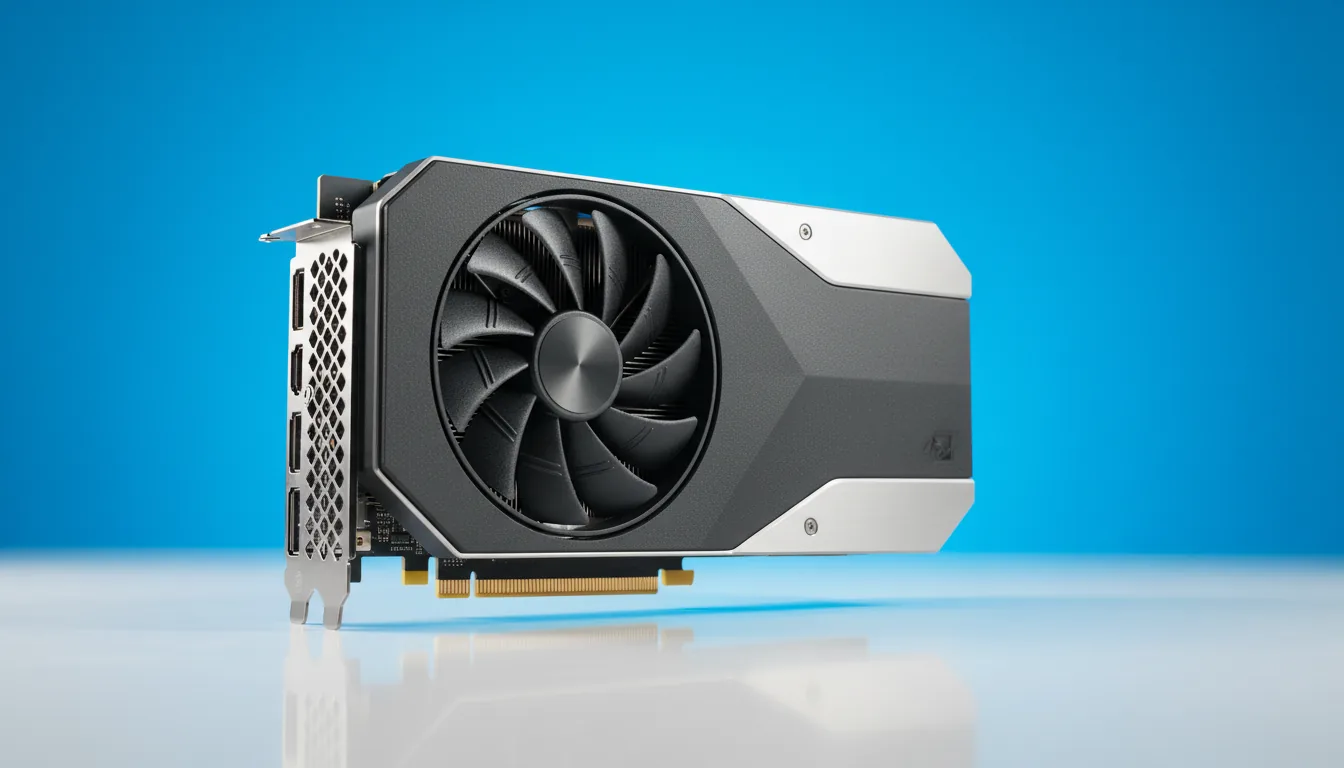DSLR product photography of an Nvidia RTX 4080 Founder's Edition graphics card, angled on a pristine white surface against a solid, vibrant cerulean blue studio backdrop. Soft studio lighting illuminates the hardware, emphasizing the textures of the matte black casing and the brushed silver-grey metal frame. The large cooling fan, PCIe connector, and I/O bracket are all in sharp focus, showcasing the card's detailed construction.