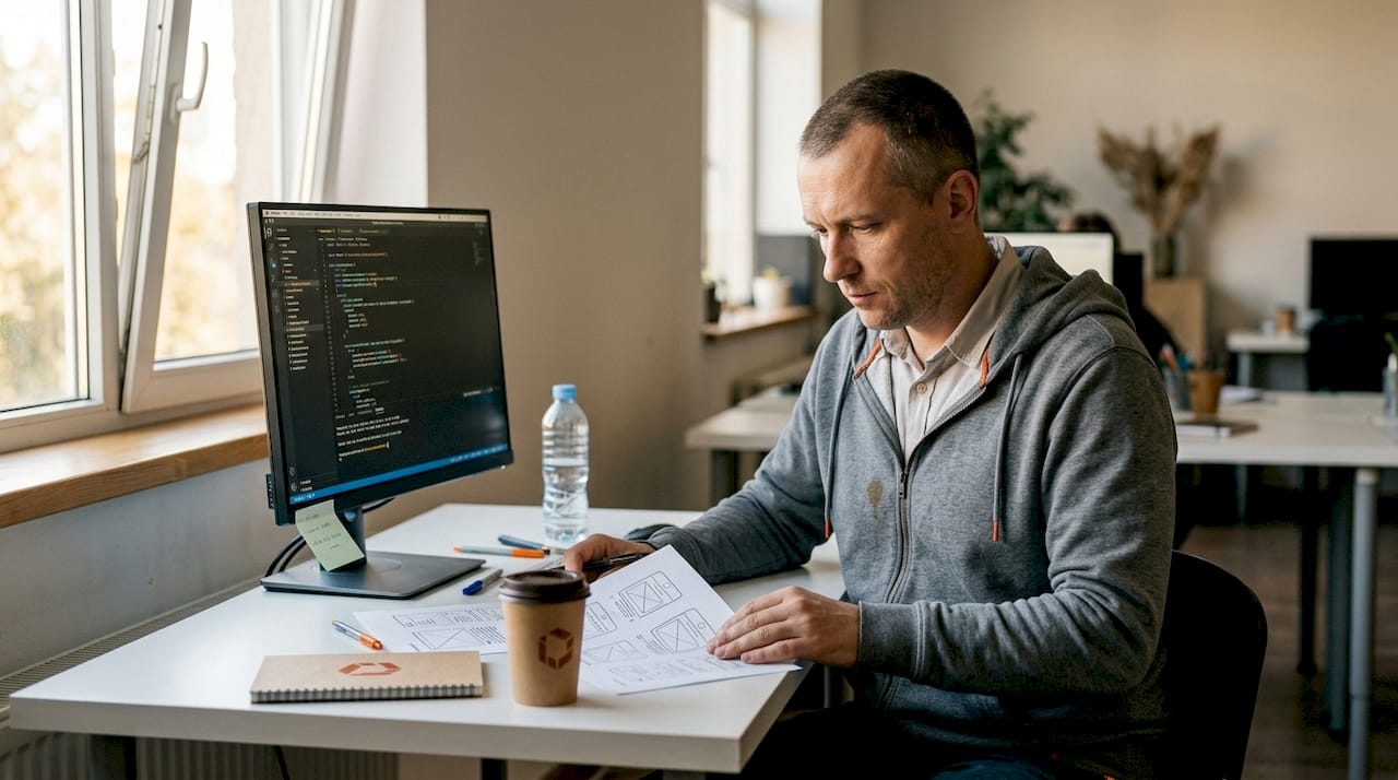 Developer reviewing software wireframes at desk