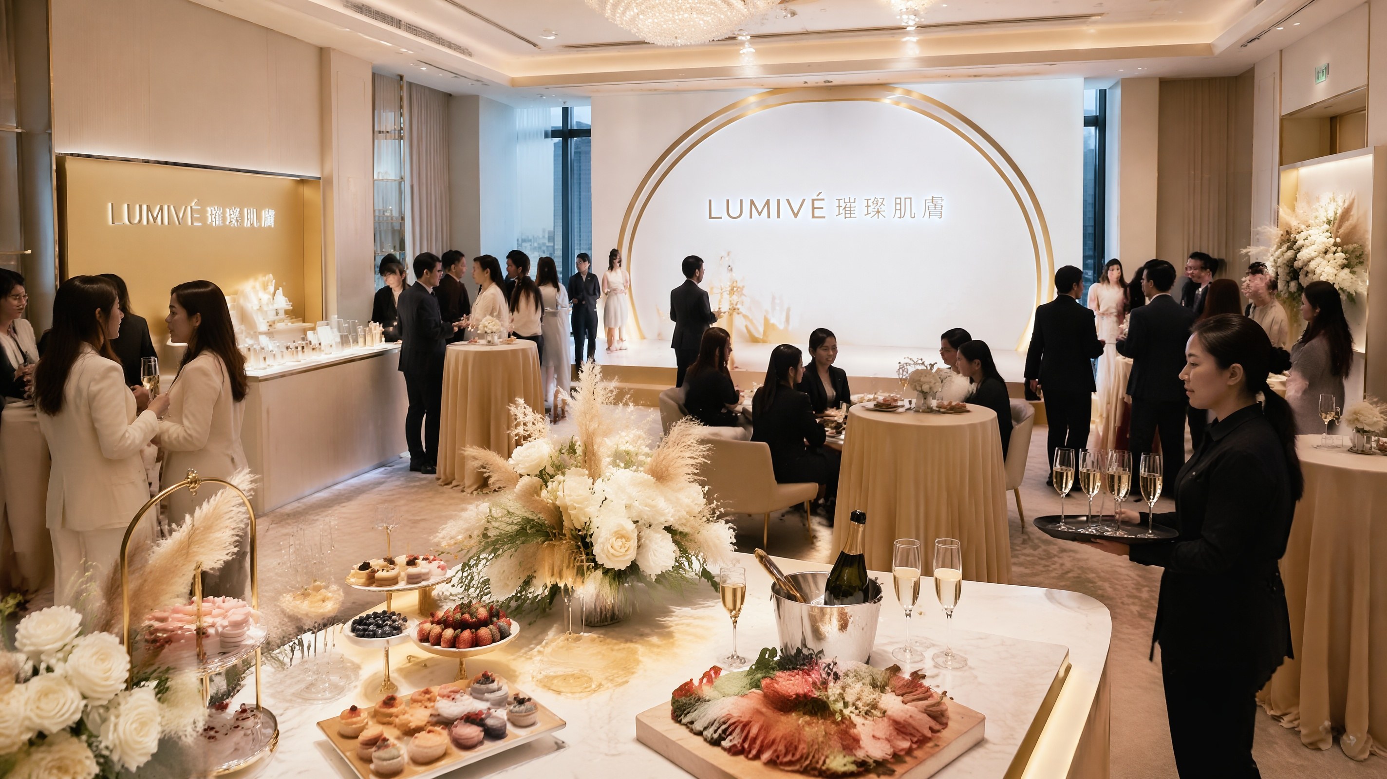 香港高端產品發佈會現場佈置，金色主題酒會設有精緻甜品及餐飲服務，展示專業公關活動策劃細節。