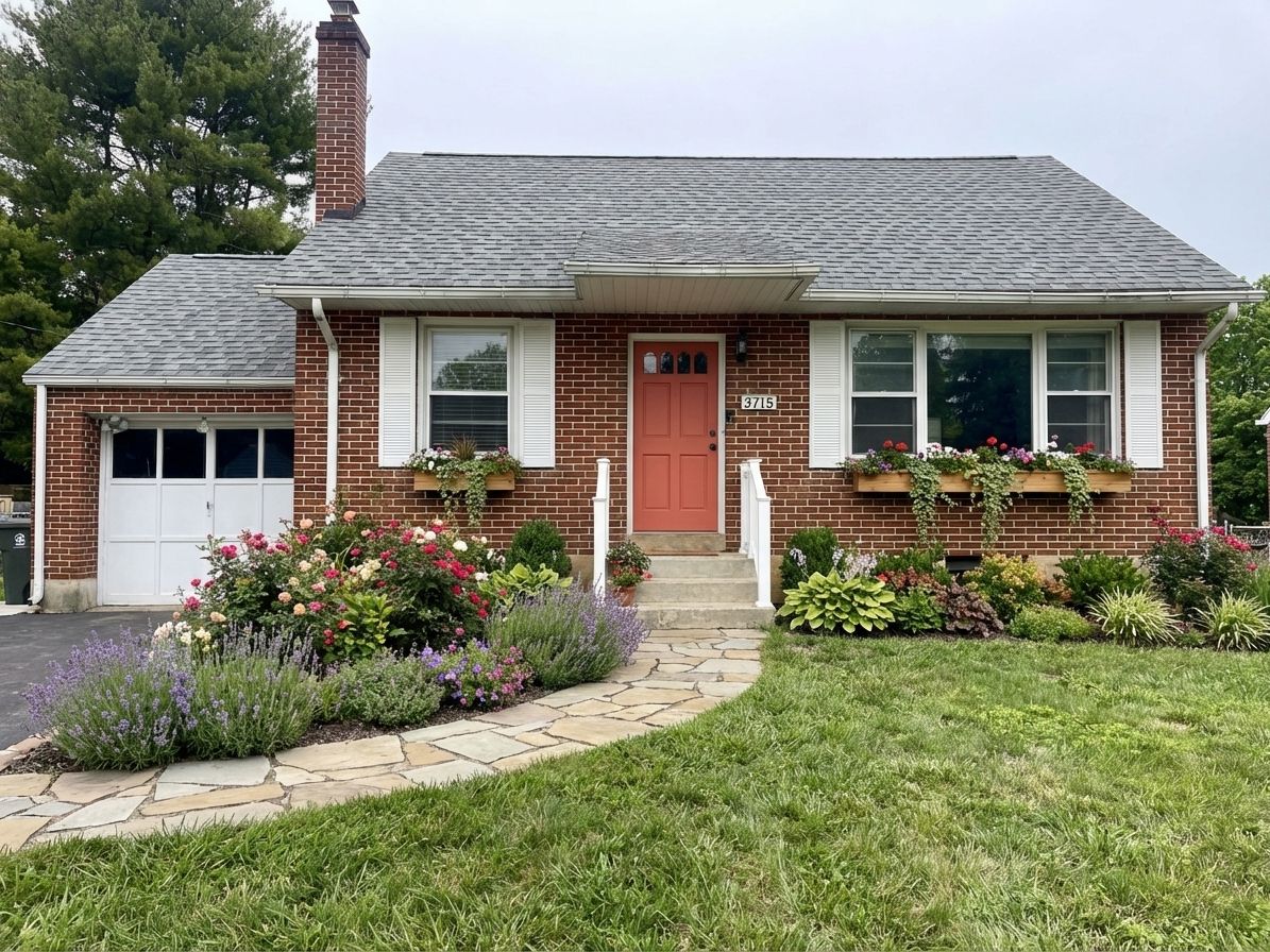 Cottage farmhouse with coral door, window boxes, and curved stone path