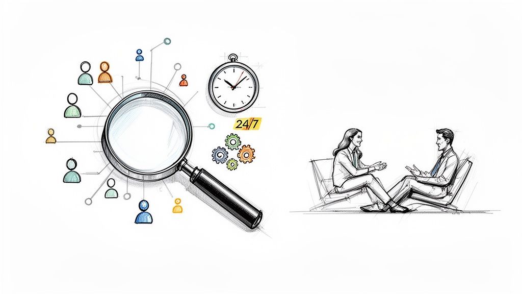 Hand-drawn illustration depicting lead generation with a magnifying glass, gears, and a client consultation.