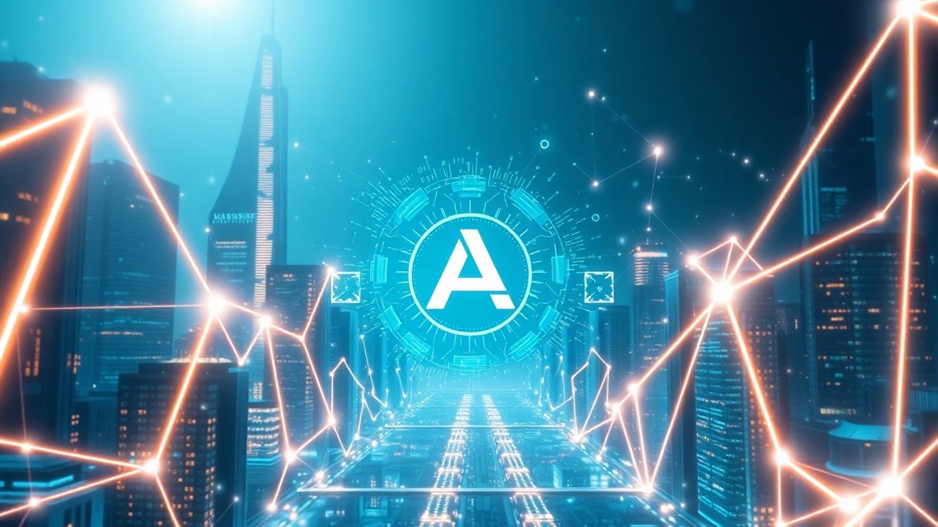 Futuristic cityscape with glowing data streams and abstract shapes.