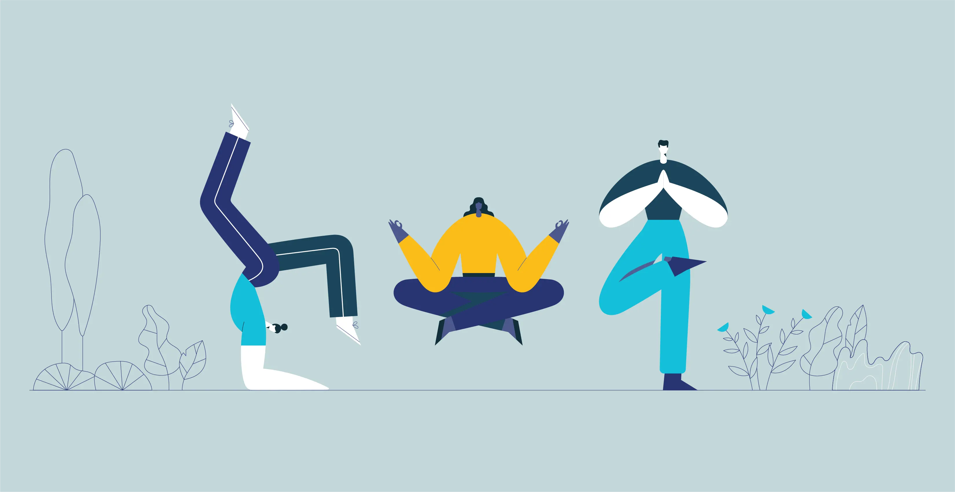 Three stylised figures holding different yoga balance poses against a soft blue background, illustrating the concept of equilibrium and balance between stakeholders in the health system