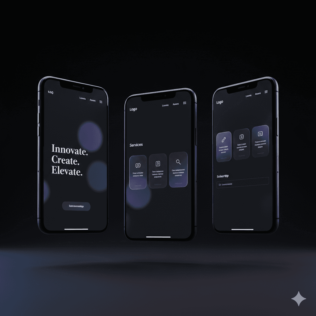 Three high-end smartphones floating in a minimalist dark space, each showing a different section of a perfectly responsive, luxury landing page. Smooth shadows, soft blue and purple ambient lighting, ultra-modern UI/UX showcase style.