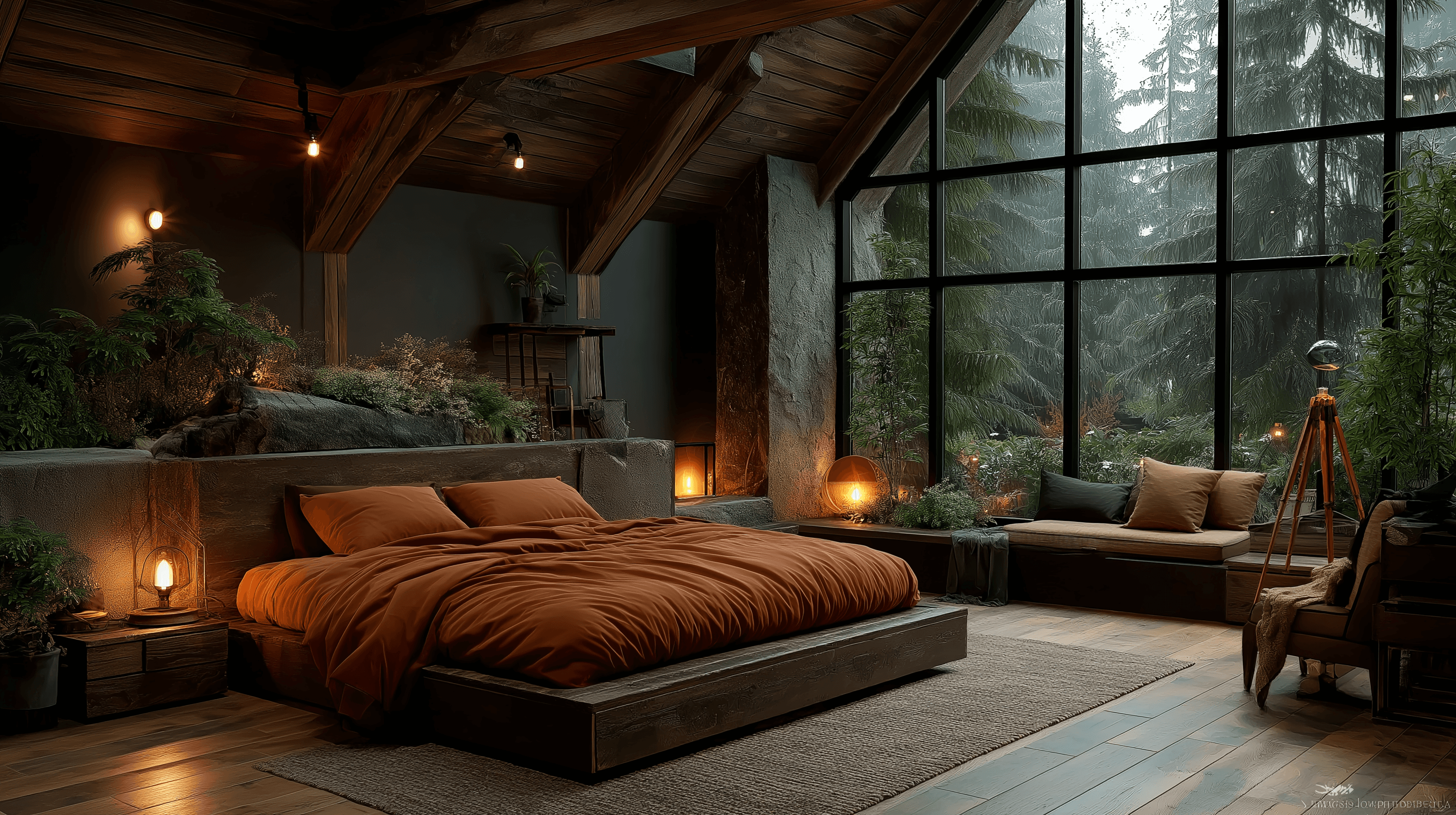 Cozy modern rustic bedroom featuring a low platform bed with rust-colored bedding, warm lighting, and a massive floor-to-ceiling window overlooking a dense, foggy pine forest.