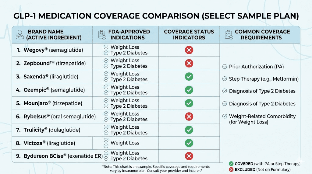 Anthem GLP-1 medication coverage comparison chart showing which drugs are covered and excluded
