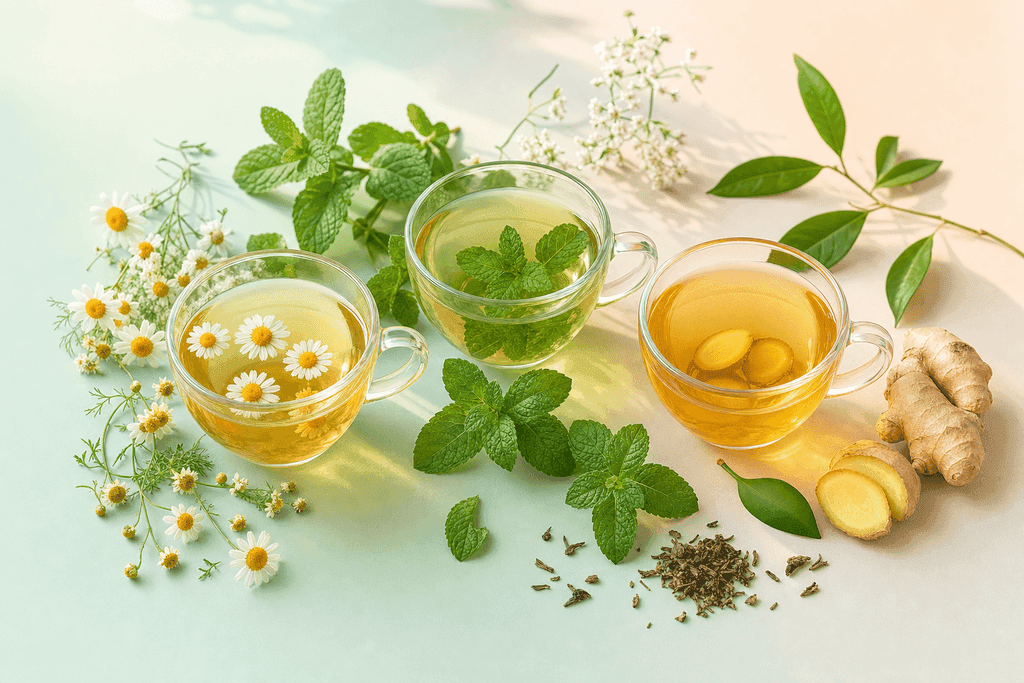 A serene, modern flat lay of assorted herbal teas—chamomile, peppermint, and ginger—in elegant glass teacups, surrounded by fresh tea leaves, delicate flowers, and a scattering of green herbs on a smooth, matte pastel surface with soft natural light and gentle shadows. No characters, text, or humans. The atmosphere is soothing, pure, and refreshing with calming, subtle gradients in the background for a professional, clean look.