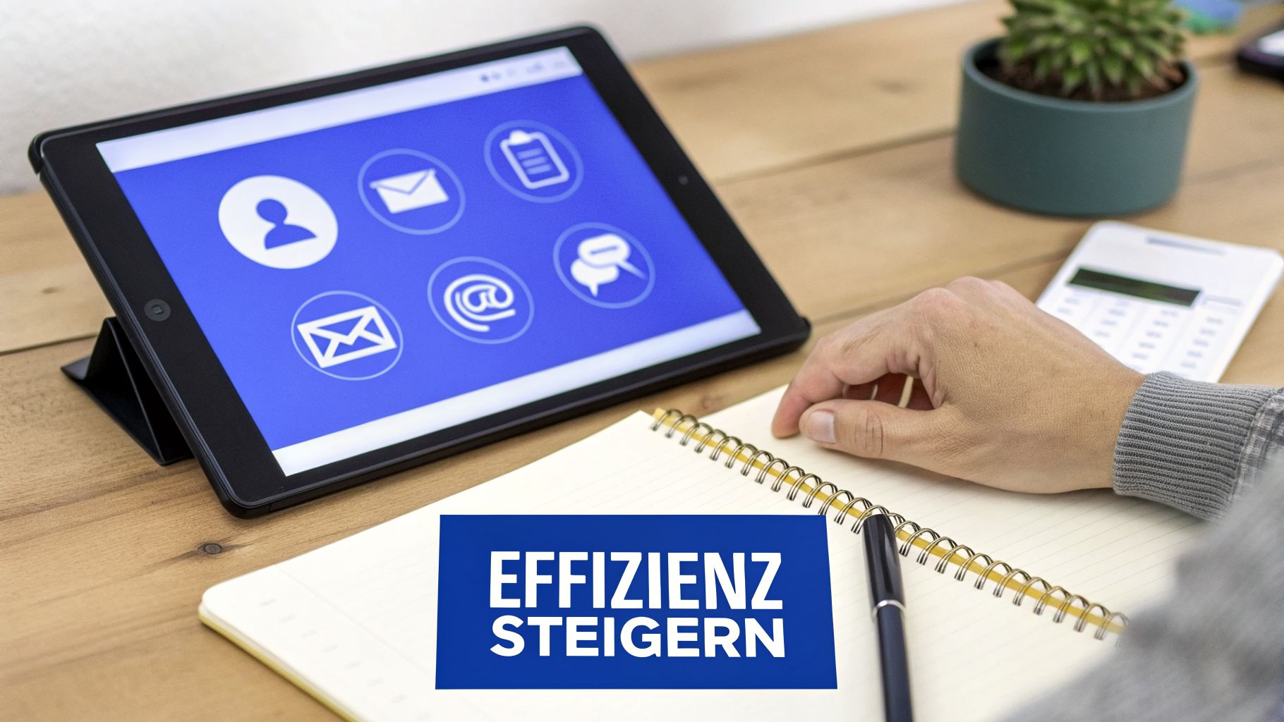 Effizienz steigern: Person nutzt Tablet und Notizbuch am Schreibtisch für produktives Arbeiten.