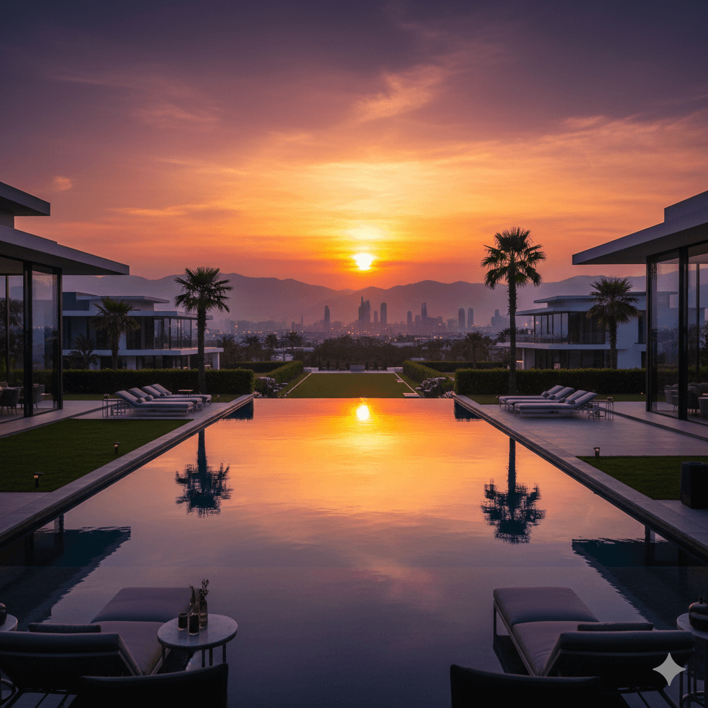 Premium infinity pool and modern clubhouse architecture in Sector 36 Panipat during sunset