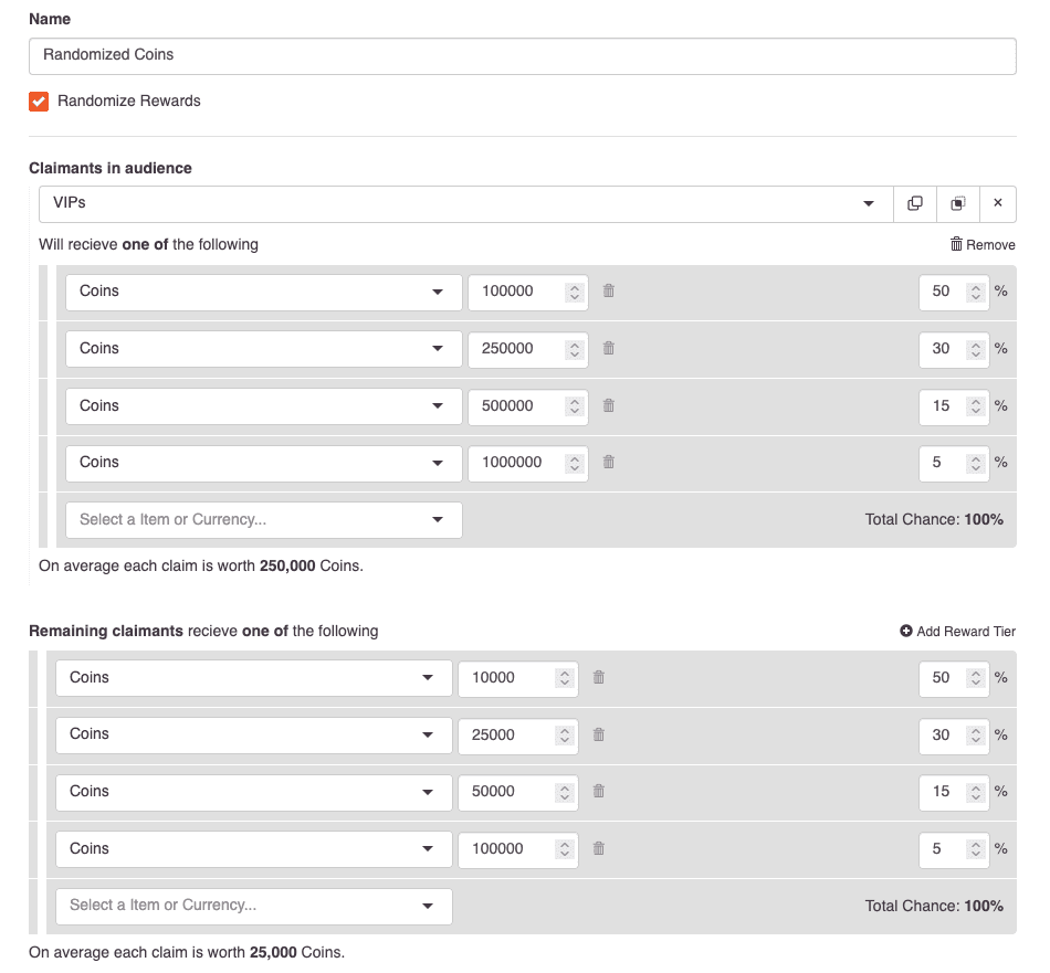 Screenshot of the Teak UI for reward tiers