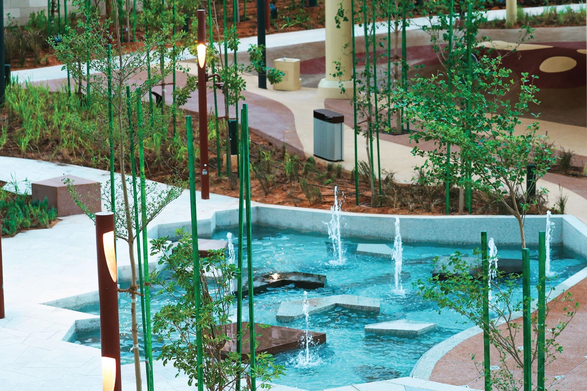 A part of&nbsp; KAFD community park showing a small water fountain.&nbsp;