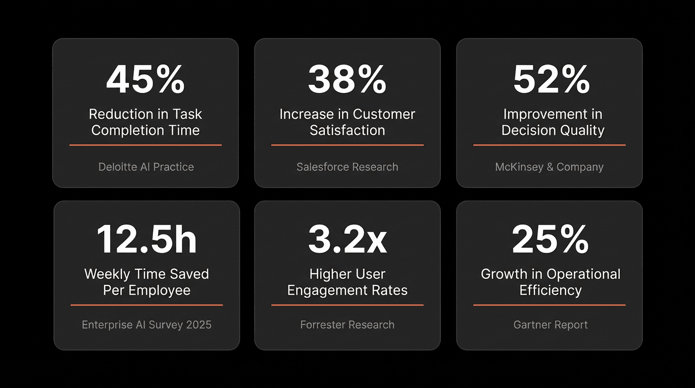 Dark enterprise metrics grid showing six key business impact statistics, including reduced task time, improved decision quality, higher engagement, and operational efficiency gains, each presented in individual rounded cards on a black background.png