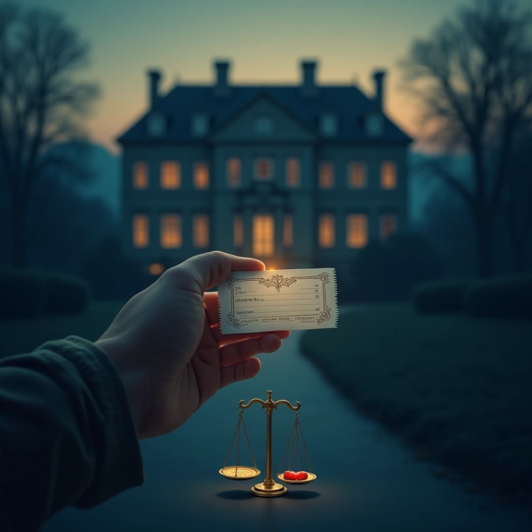 eine person hält eine karte in der hand, im hintergrund ist ein großes haus, unter der karte ist eine waage