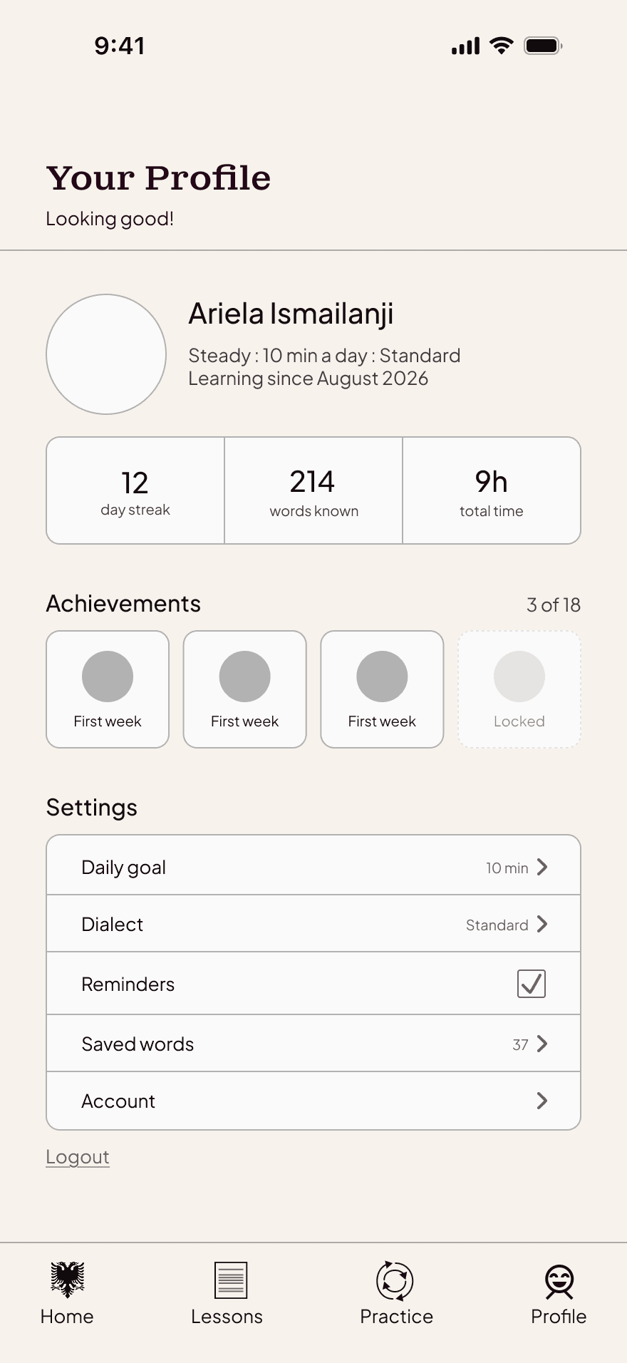 High fidelity mockup of the profile page