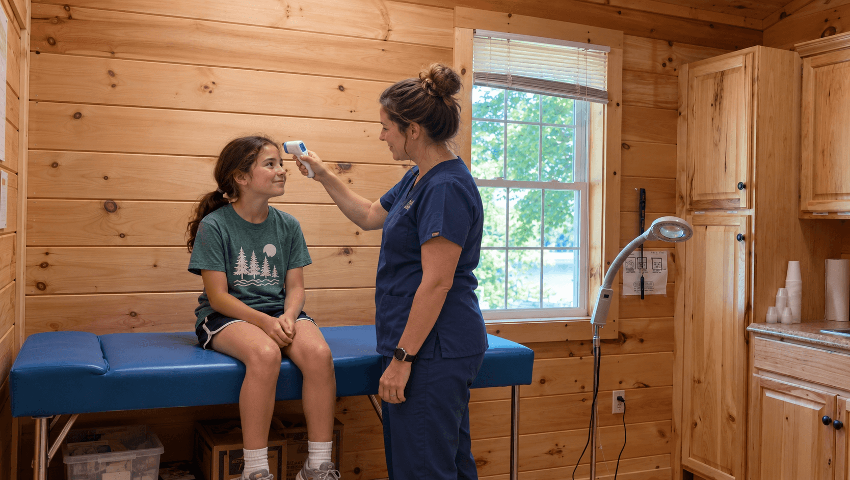 Nurse checking a camper's temperature inside the Camp Lenox Health Cabin