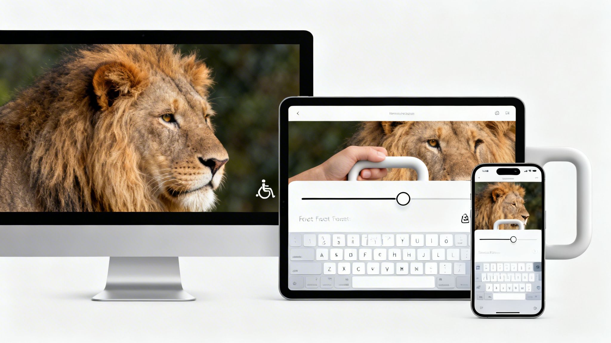 Various tech screens display a lion image, an interactive slider, and a virtual keyboard.