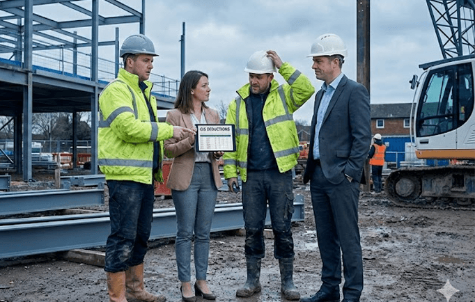 Four workers in black coveralls walk through an industrial facility.