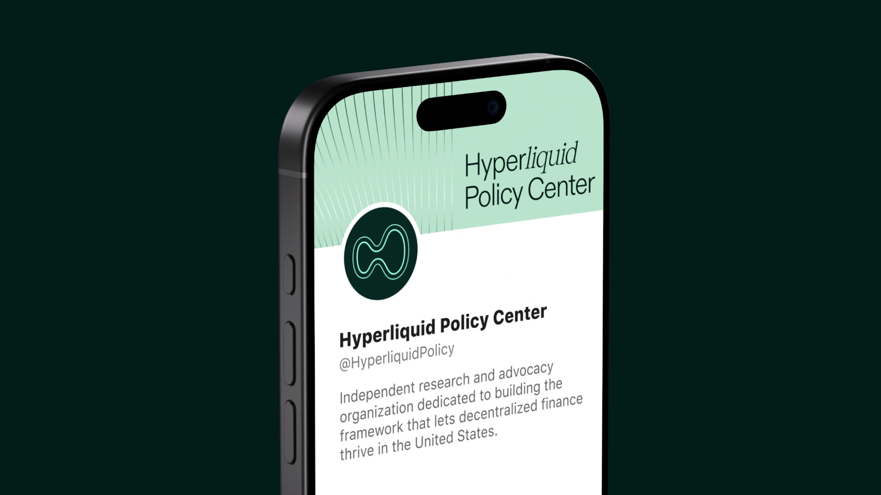 Hyperliquid Policy Center — social profile displayed on a phone, social design by Charlota Blunarova