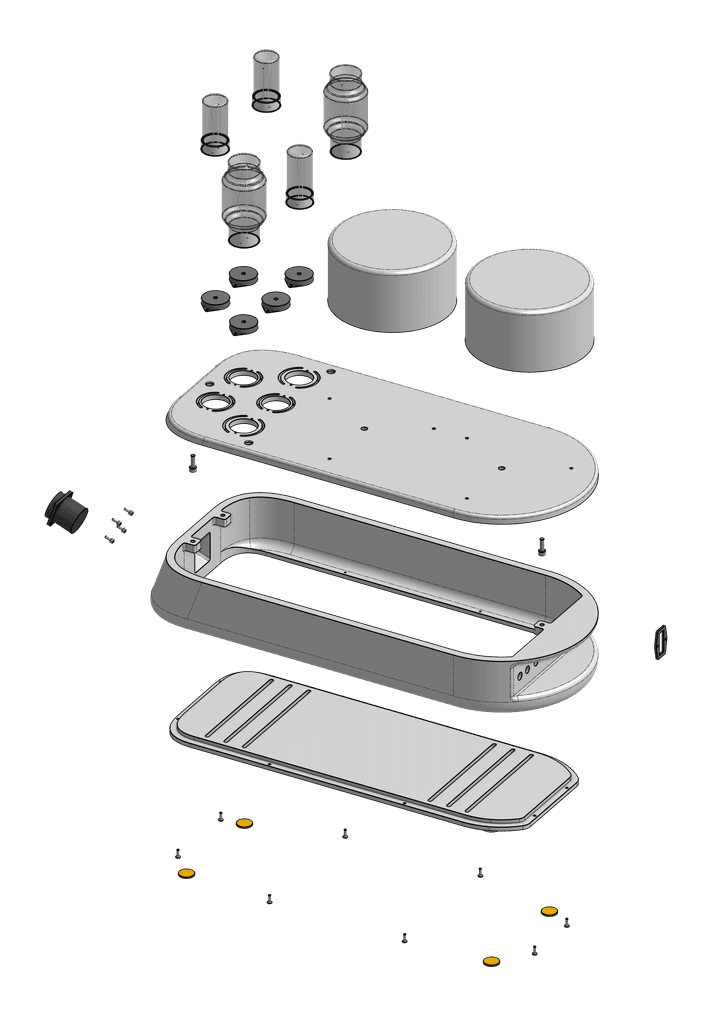 An exploded view of a CAD model of an audio amplifier.