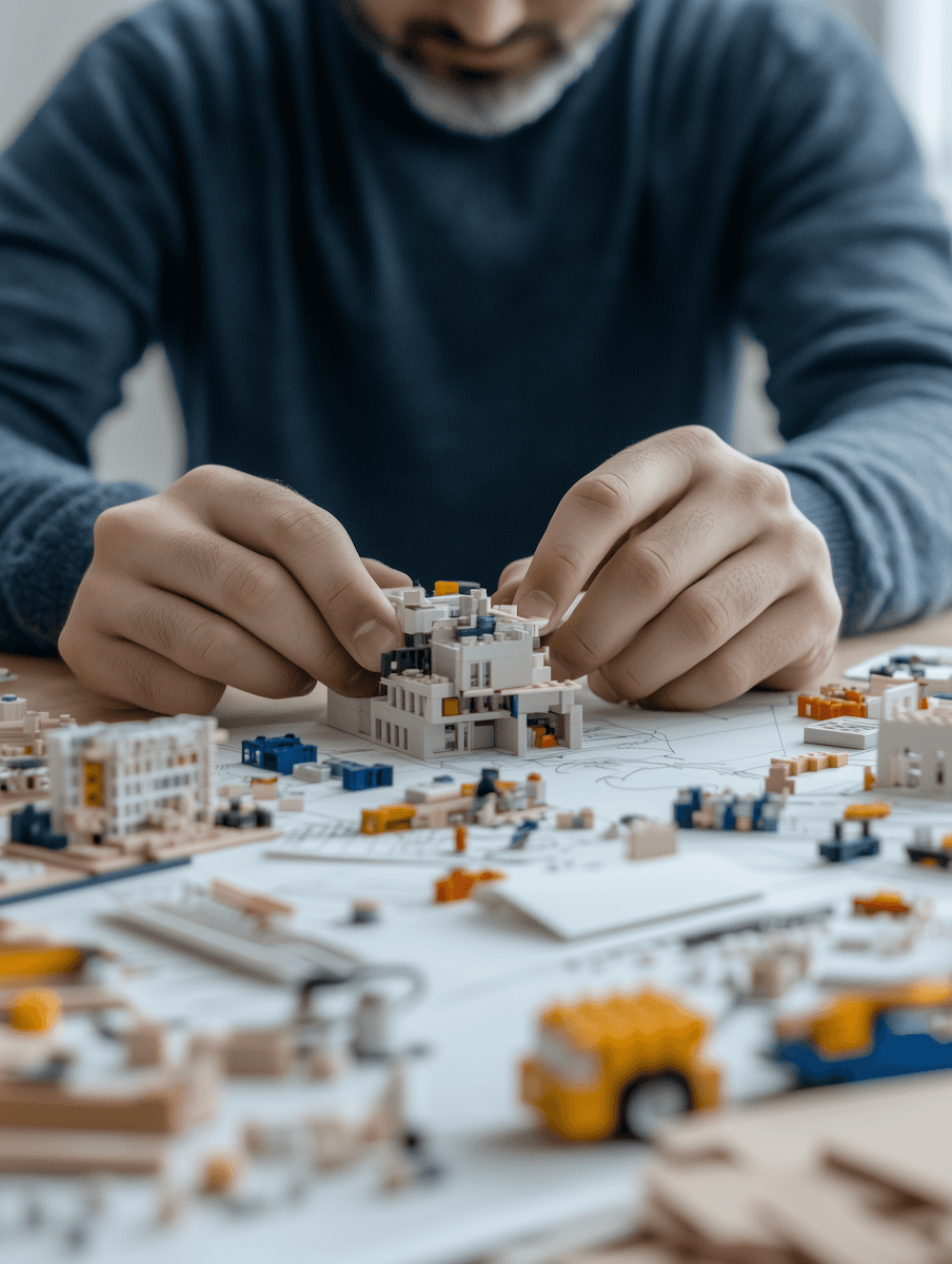 A person carefully assembles a miniature building with blocks on a cluttered desk, surrounded by architectural drawings and model pieces.
