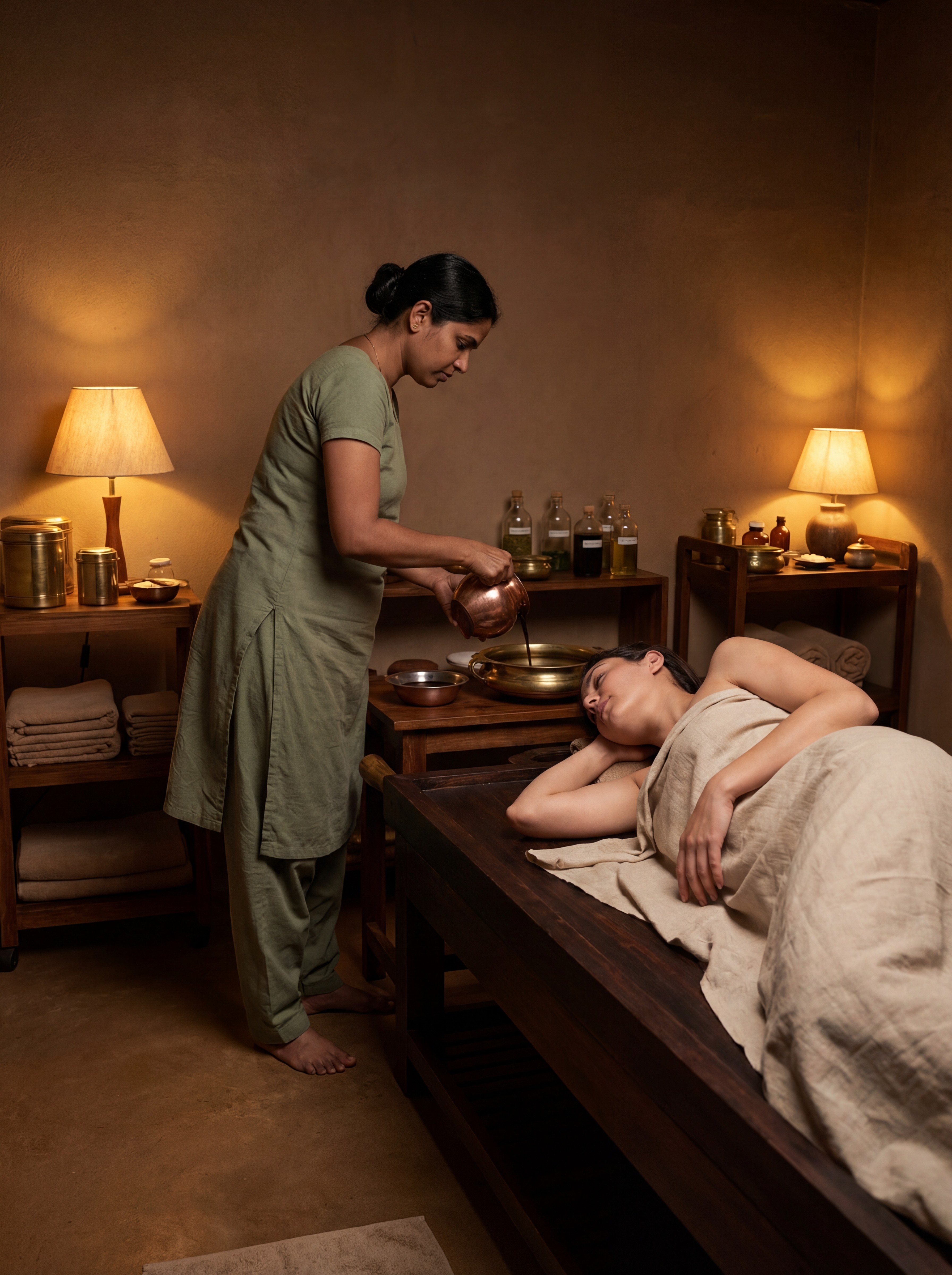 A fully enclosed indoor Ayurvedic therapy room. A female Indian Ayurvedic practitioner wearing muted green cotton attire is preparing a Vasti treatment for a female patient. The female patient rests comfortably on a traditional Indian wooden pathi, partially draped with linen, positioned gently on her side. The practitioner prepares medicated oil or herbal decoction in a traditional Vasti vessel placed nearby — no procedure shown. Brass containers, herbal liquids, and towels are neatly arranged. Soft, warm ambient indoor lighting, no windows, no natural light. Calm, respectful, professional Panchakarma environment. Realistic, documentary-style classical Ayurvedic photography.