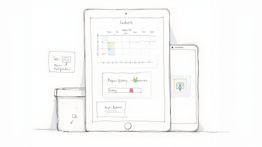 Property maintenance management dashboard displaying repair history and warranties on tablet and mobile devices