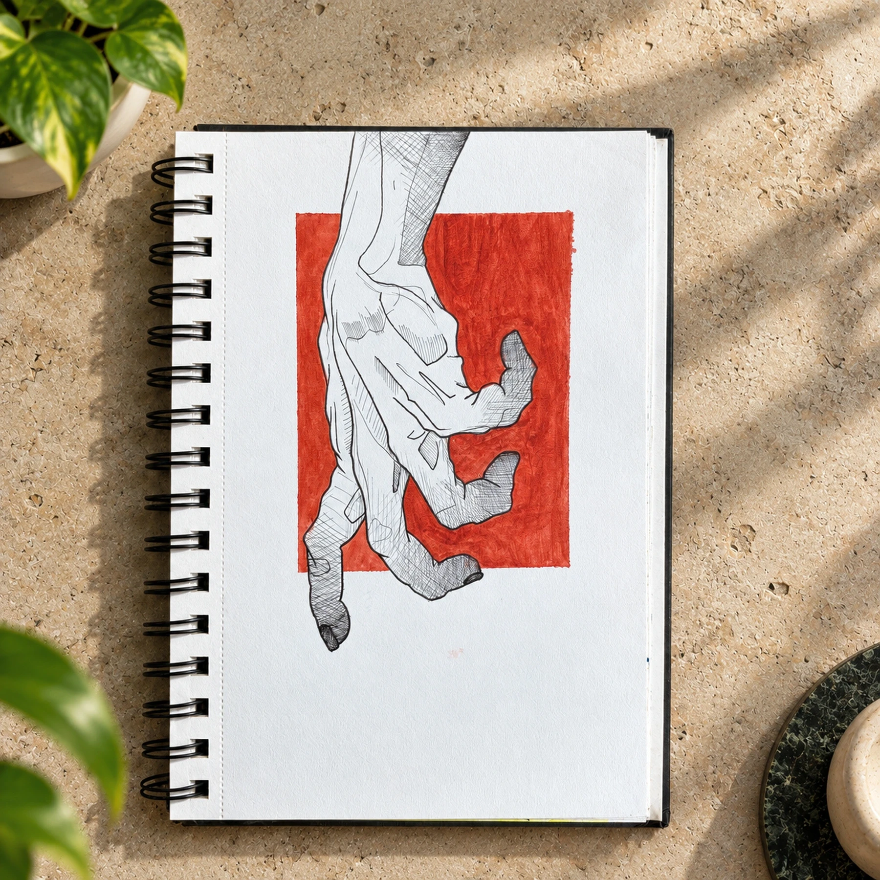 Drawing of a hanging hand and wrist against a red rectangle.