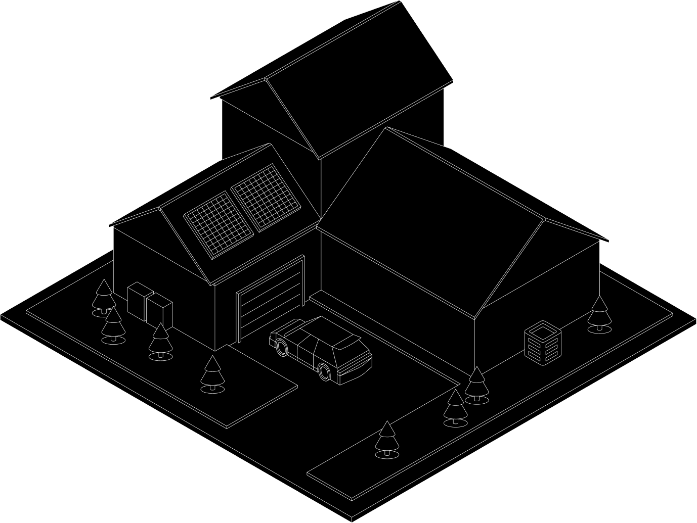 An isometric home showing solar, battery, EV and HVAC connected together