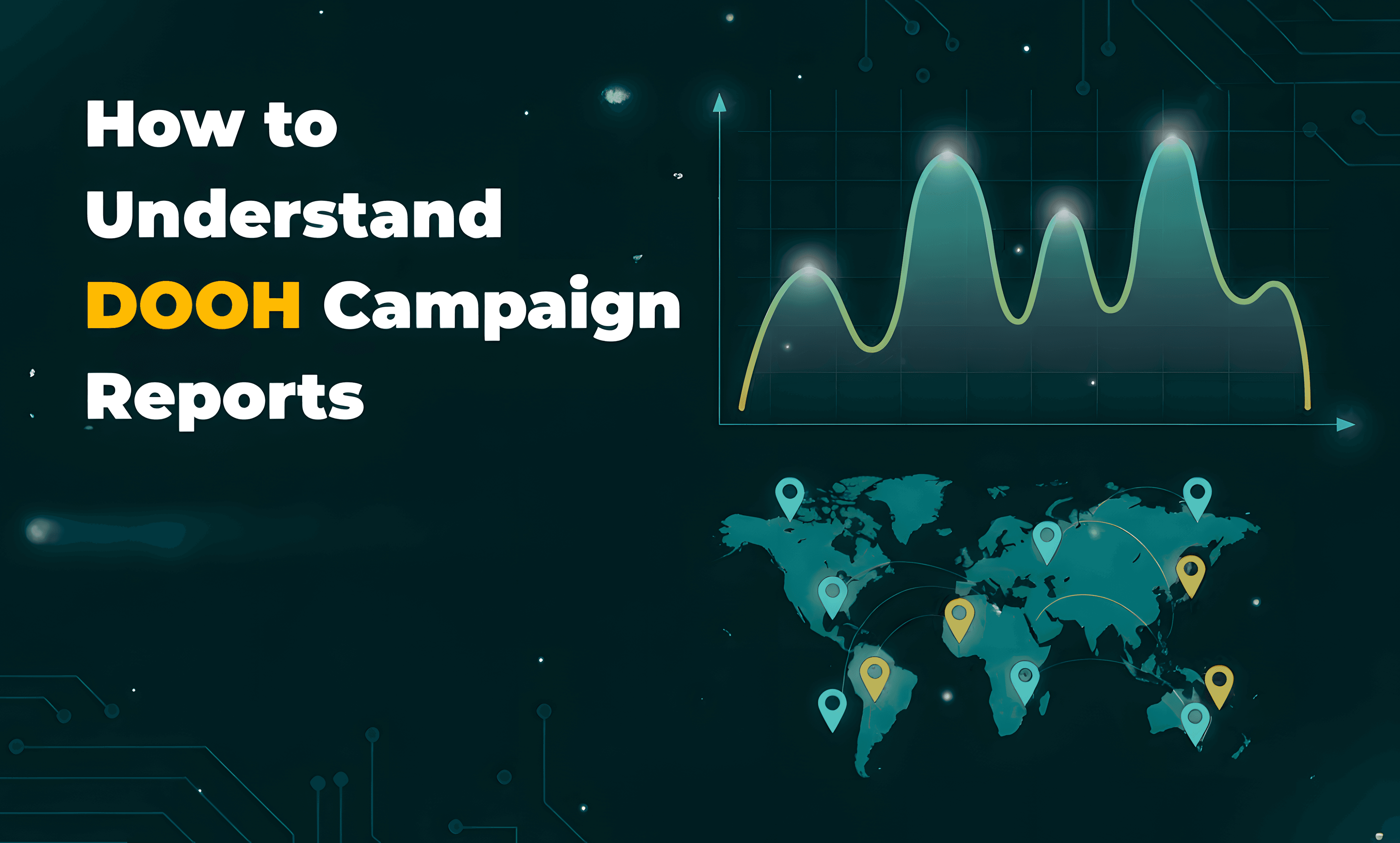 DOOH campaign reporting visualization showing performance trends, data graphs, and global location tracking on a digital map.