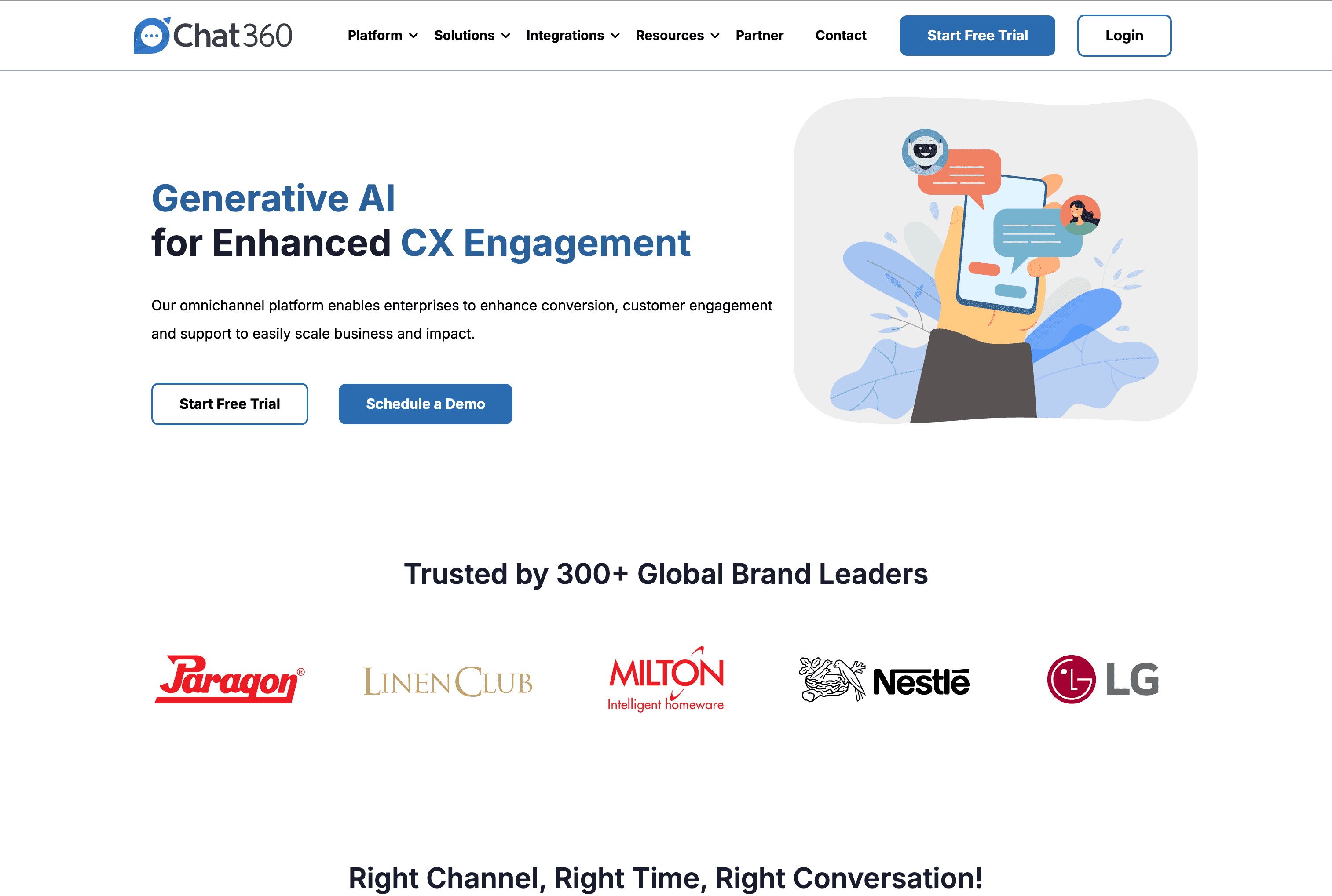 Old Chat360 homepage — weak hero, no enterprise signal above fold, generic CTA