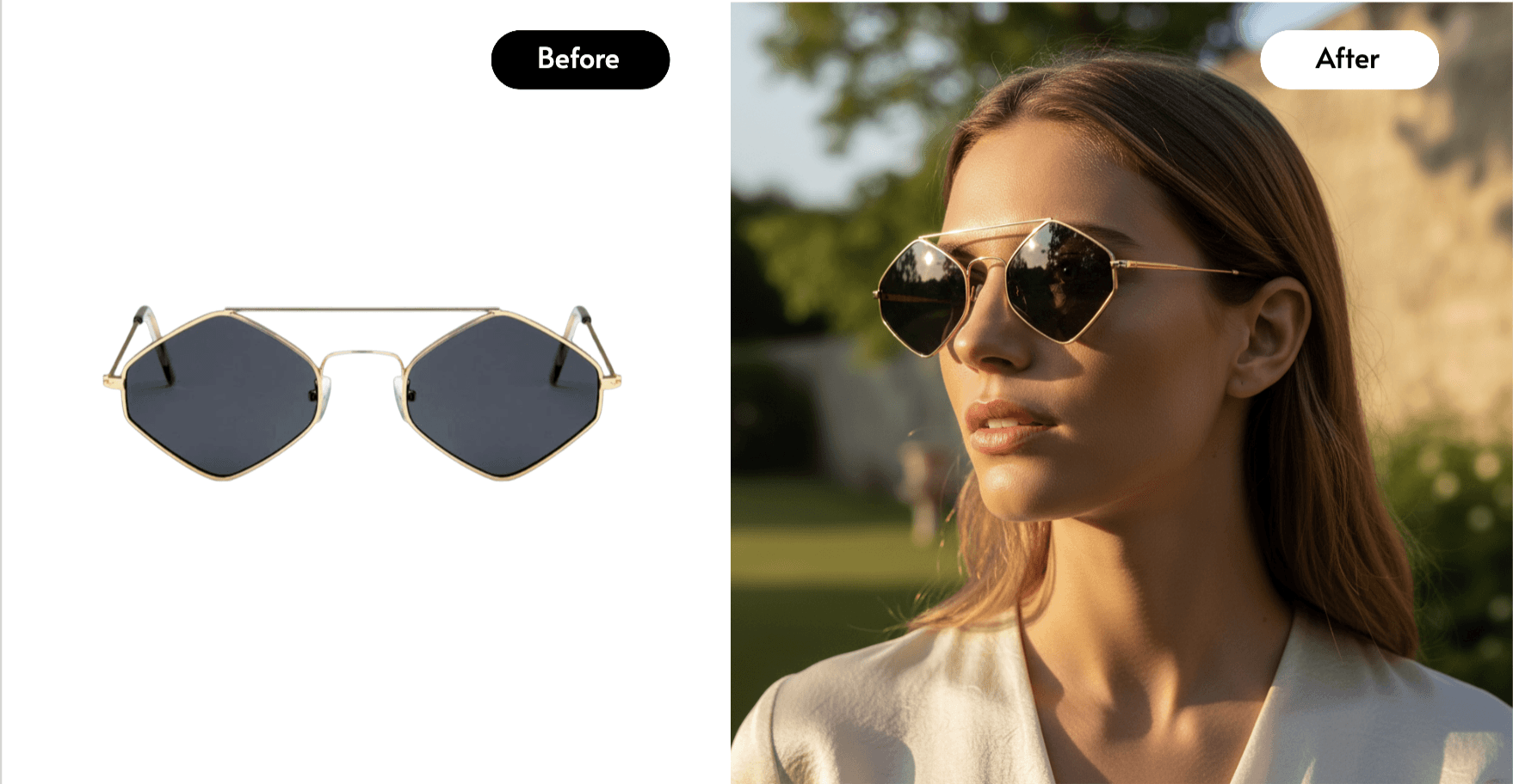 hexagon sunglasses on a woman standing in a garden