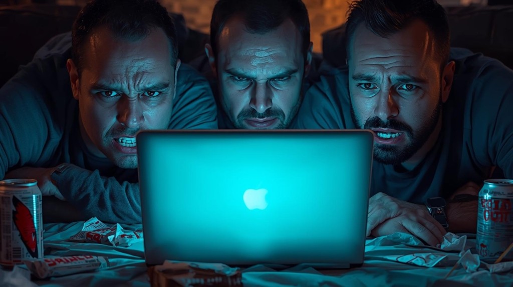 Three frustrated football fans glare at a glowing laptop screen, symbolizing the anger and disappointment caused by bots snapping up Premier League tickets in seconds. While genuine supporters are left empty-handed, tickets quickly resurface on secondary markets at inflated prices, highlighting how scalpers profit at the expense of loyal fans.