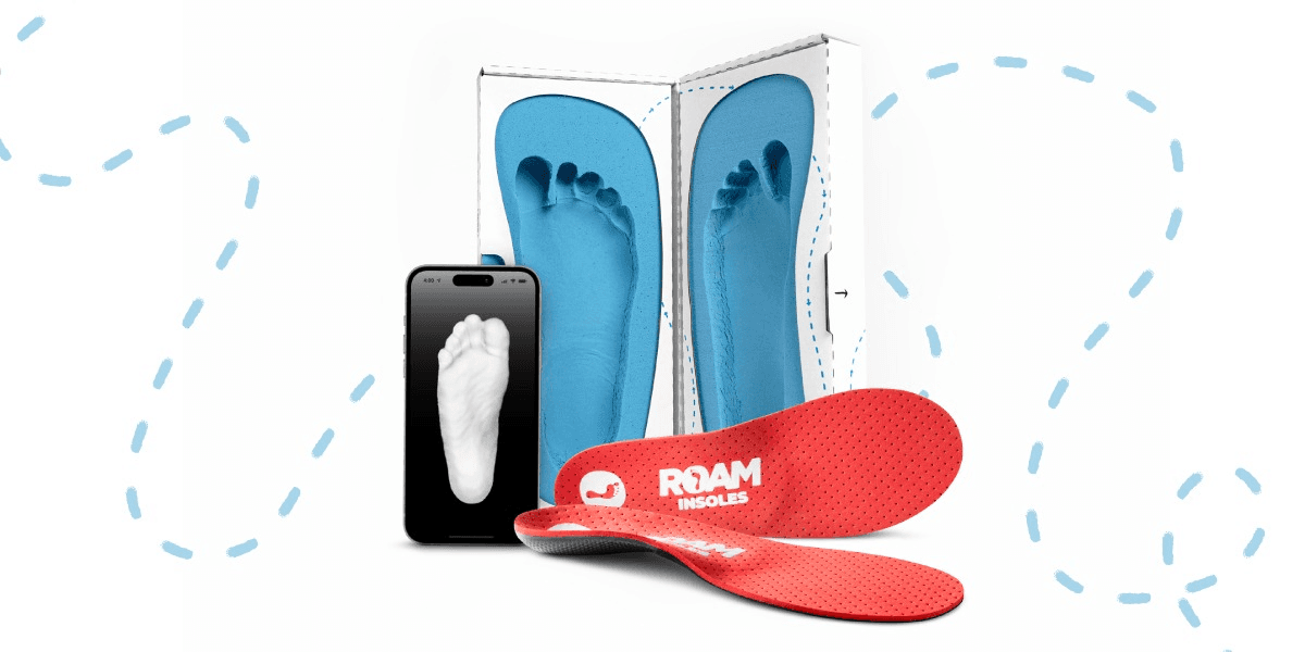 Roam Custom Insoles, an iPhone scan, and red insoles with the brand's logo, showcasing custom foot support.