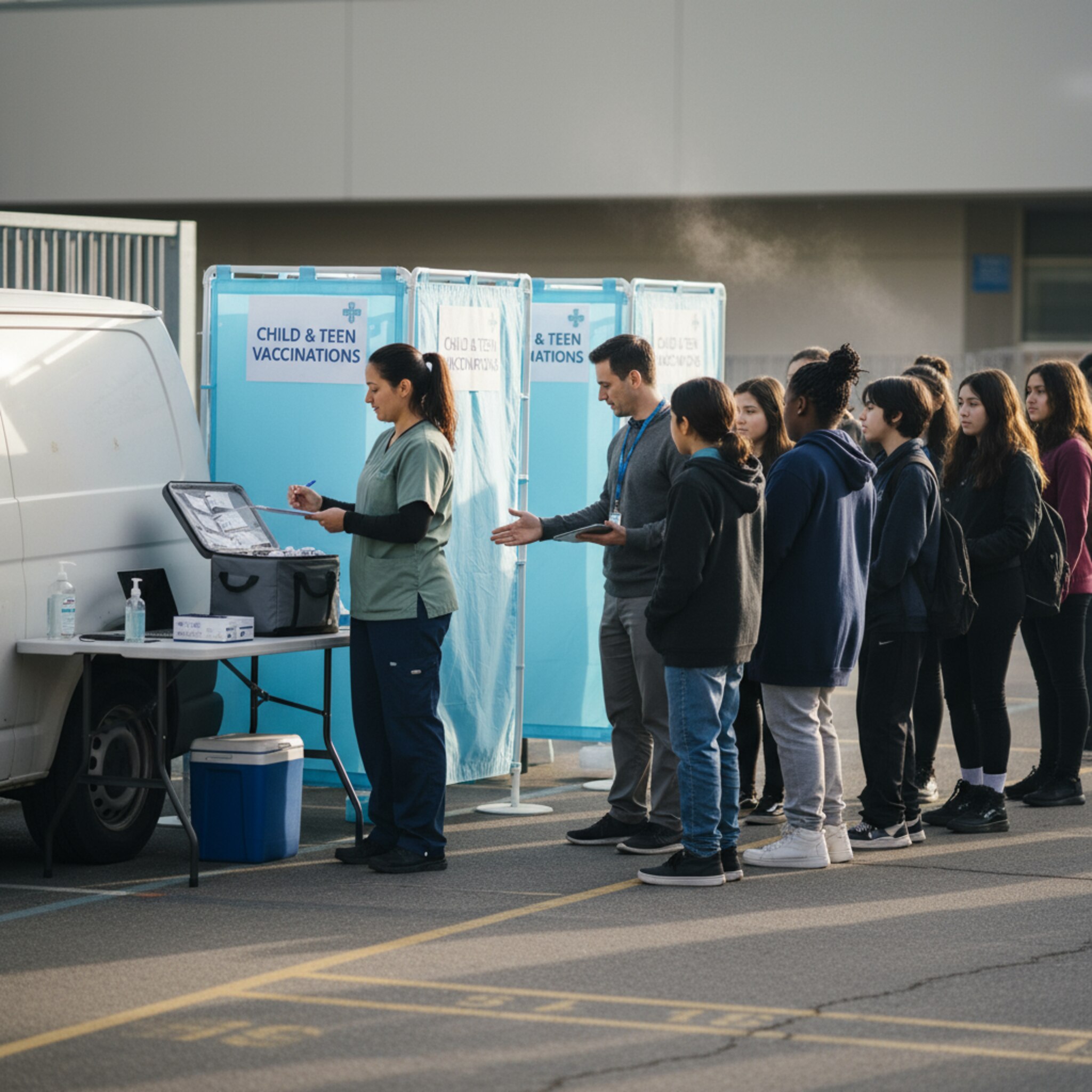 Auf dem Schulhof parkt ein kleiner Transporter, daneben zwei faltbare Impfkabinen. Eine Pflegekraft kontrolliert Material in einer Kühltasche, während Schüler in kleinen Gruppen warten. Ein Lehrer weist den Weg. Kühle Morgenluft und klare Beschilderung geben Struktur. Alles wirkt eingespielt und mobil.