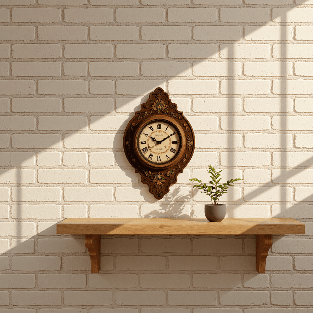product photography of a decorative wall clock with intricate embroidery and wooden design